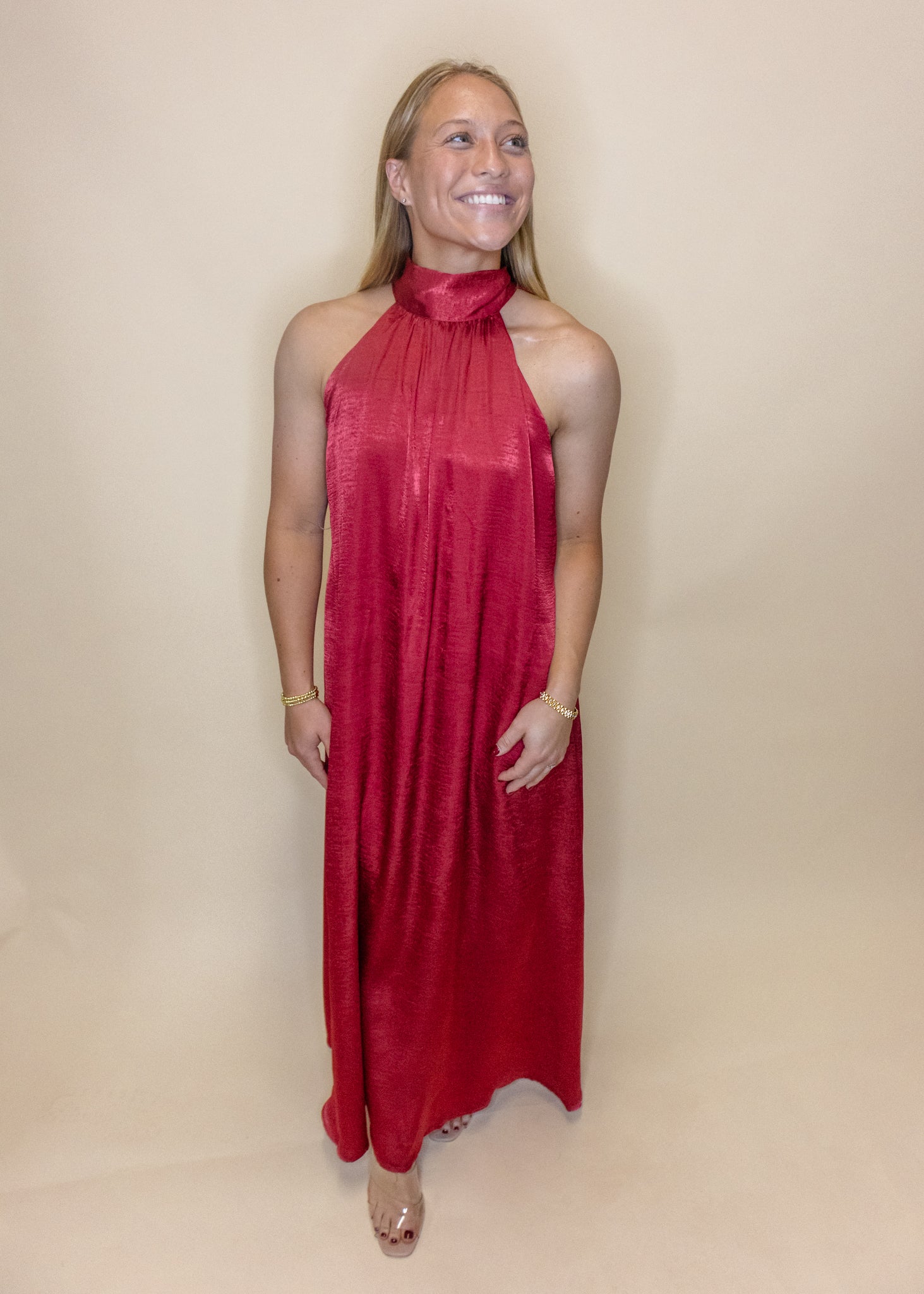 Burgundy Satin Halter Maxi Dress