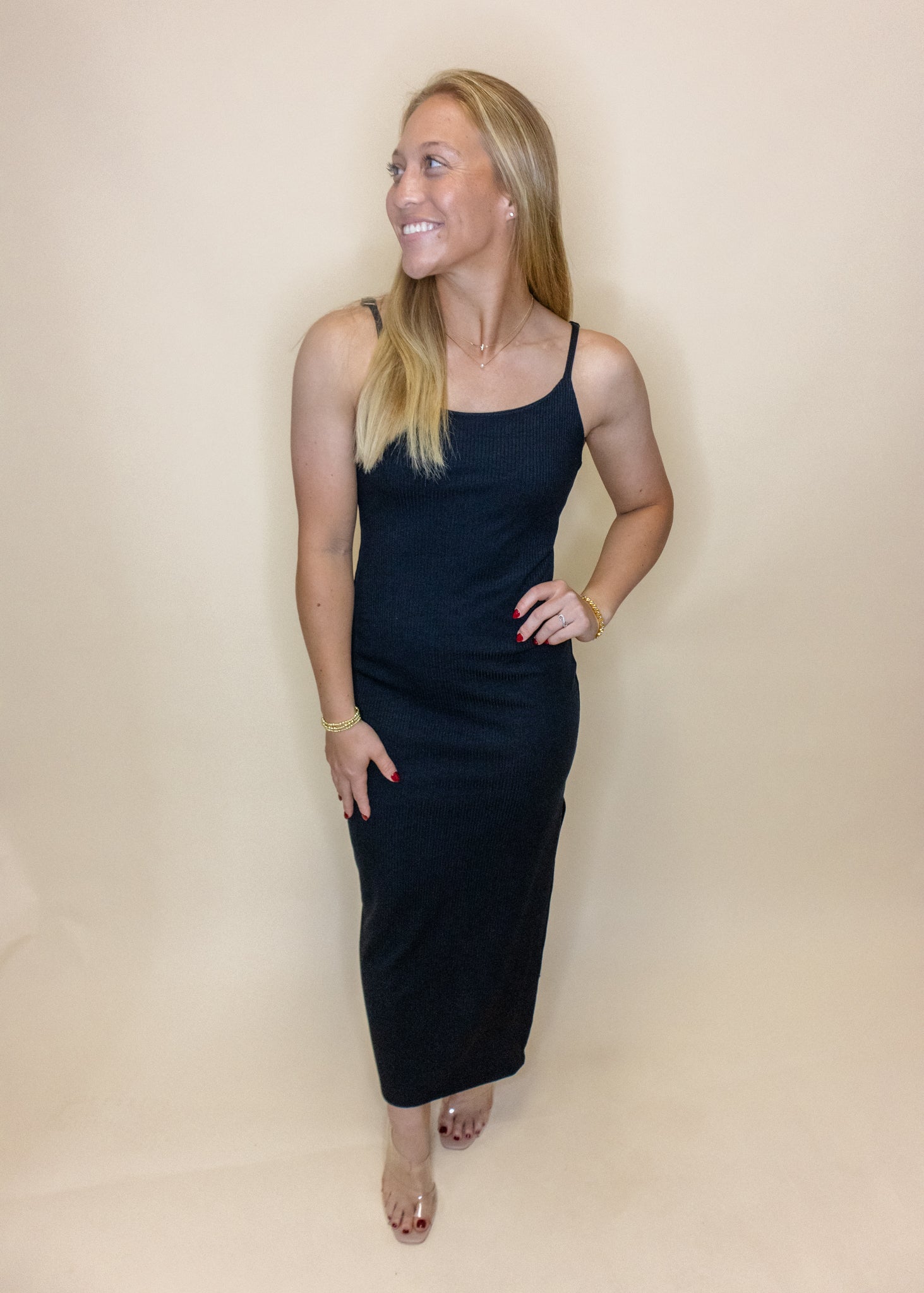 Black Ribbed Cami Midi Dress