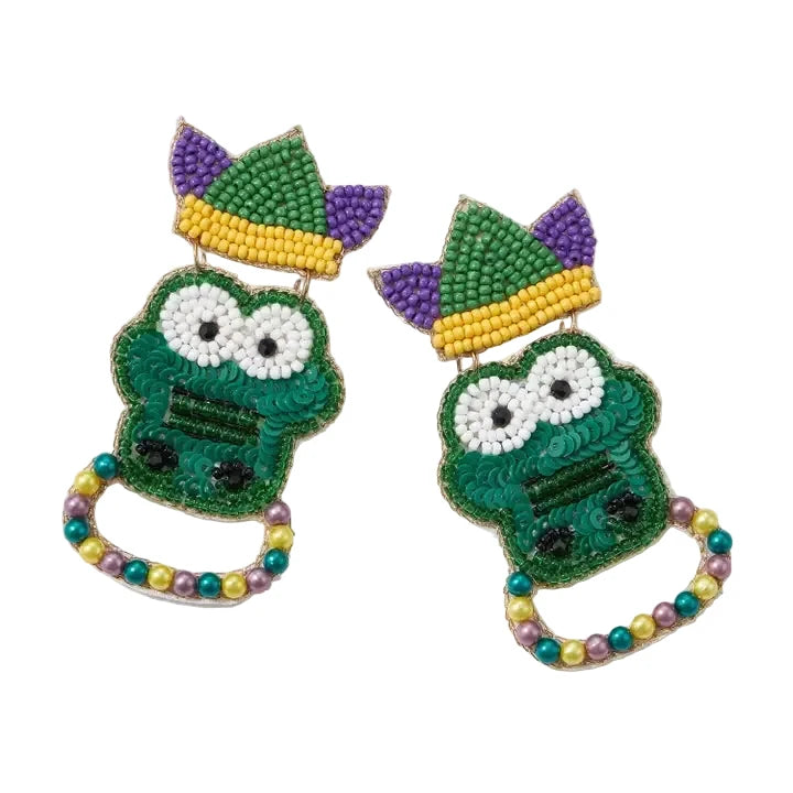 Mardi Gras Sequin Beaded Alligator Earrings