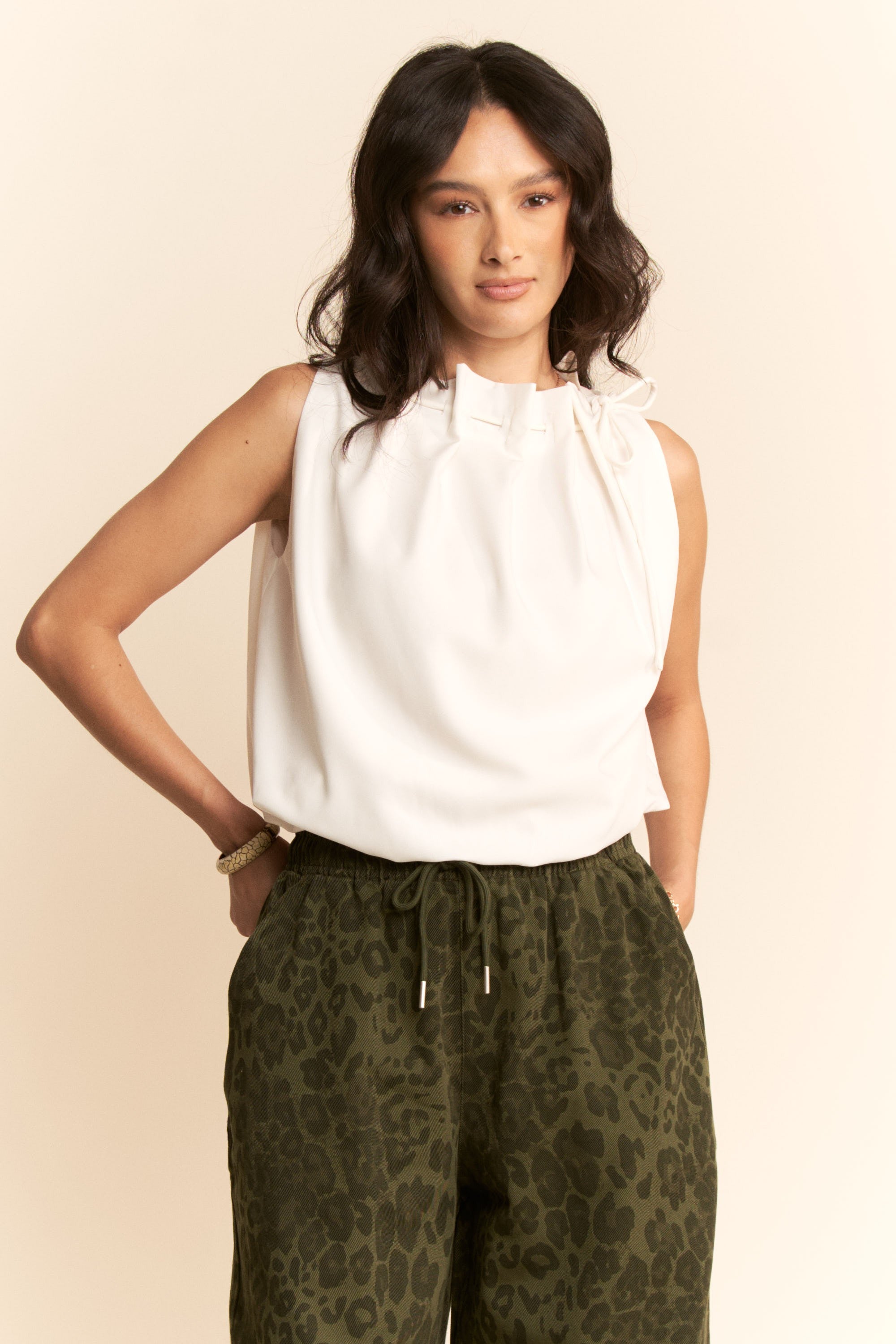 White Solid Sleeveless Cowl Neck Tie Detail Top