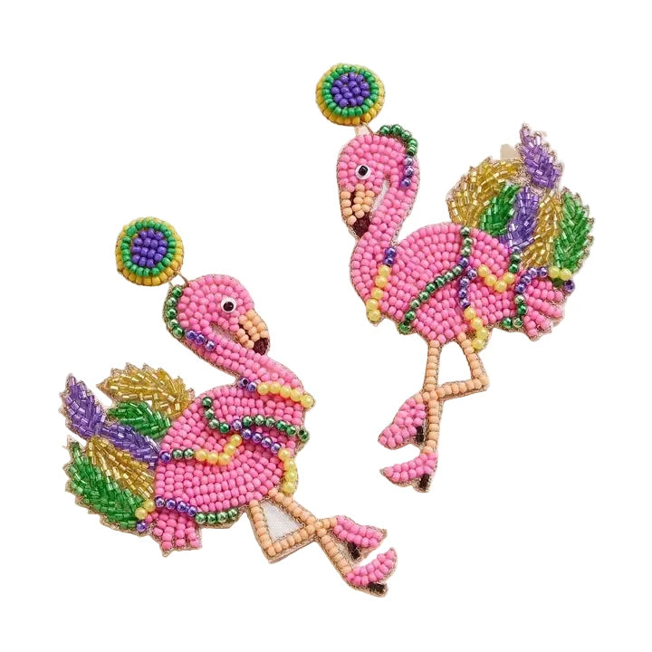 Mardi Gras Flamingo Beaded Earrings