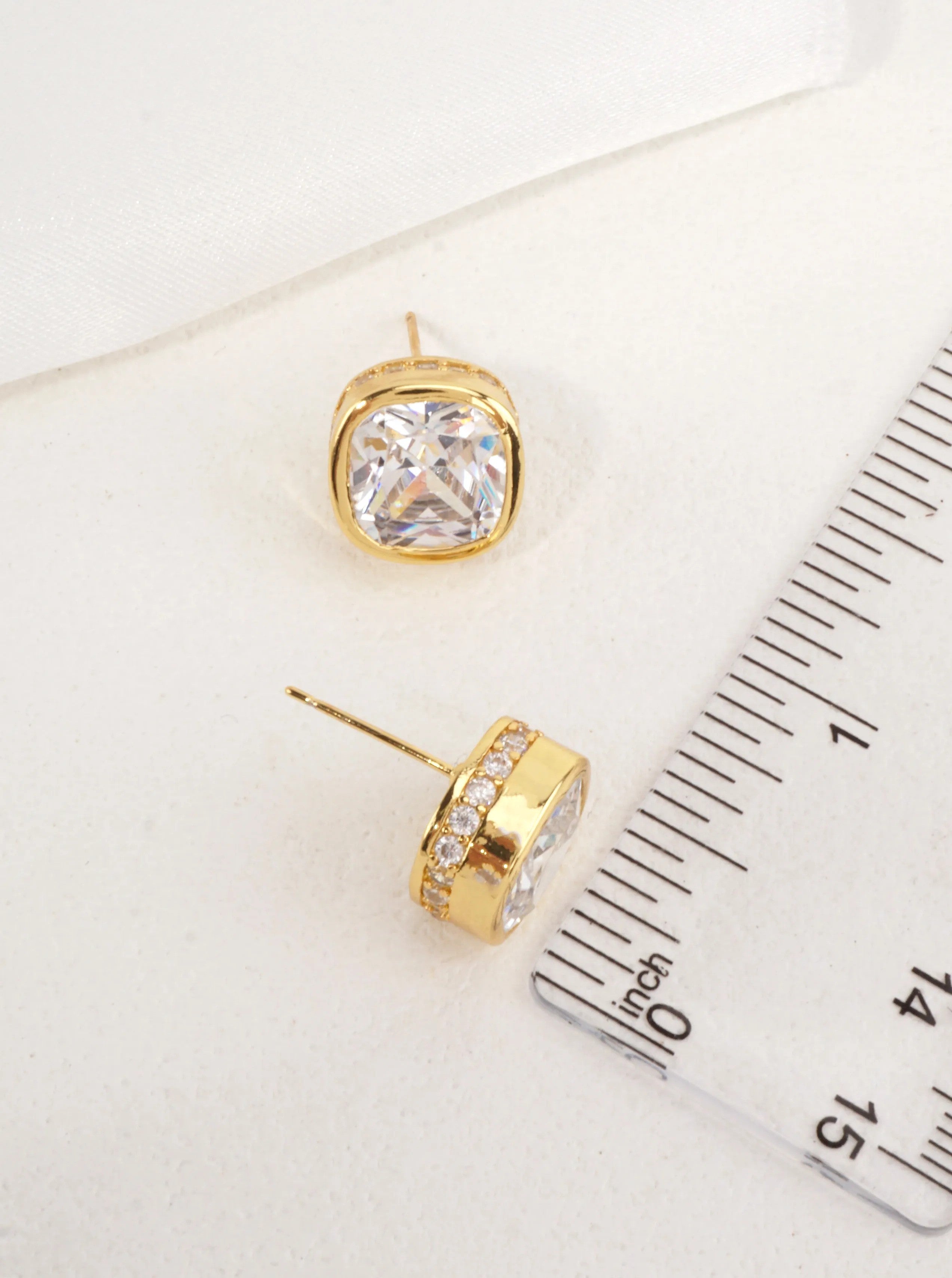 14k Gold Dipped Cushion Cut CZ Stud Earrings