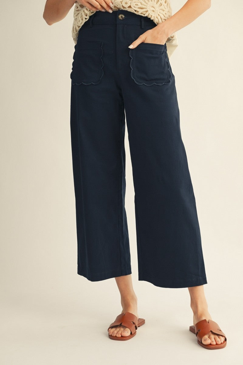 Navy Scallop Pocket Wide Pants