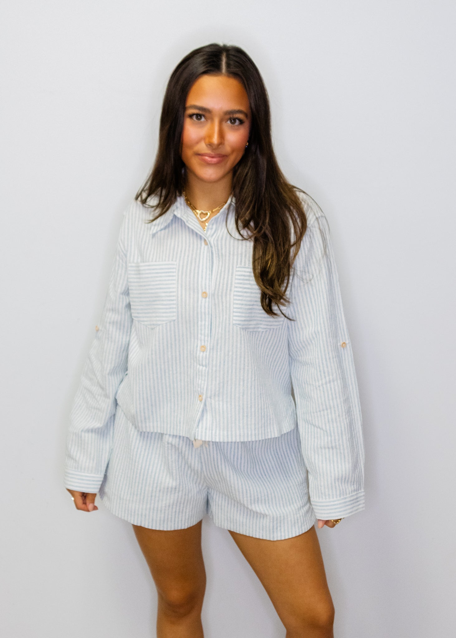 Blue Stripe Cropped Long Sleeve Linen Top