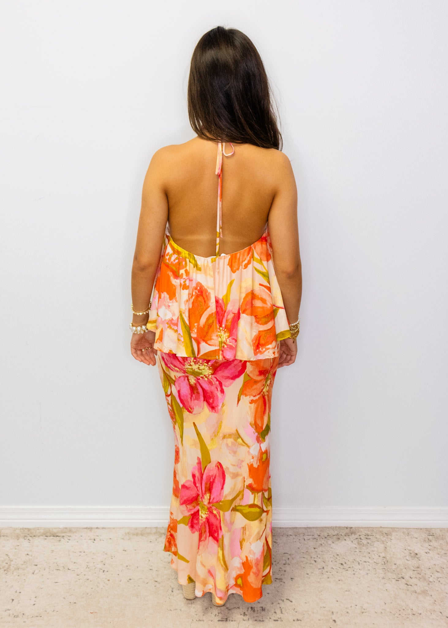 Peach Tropical Floral Halter Dress