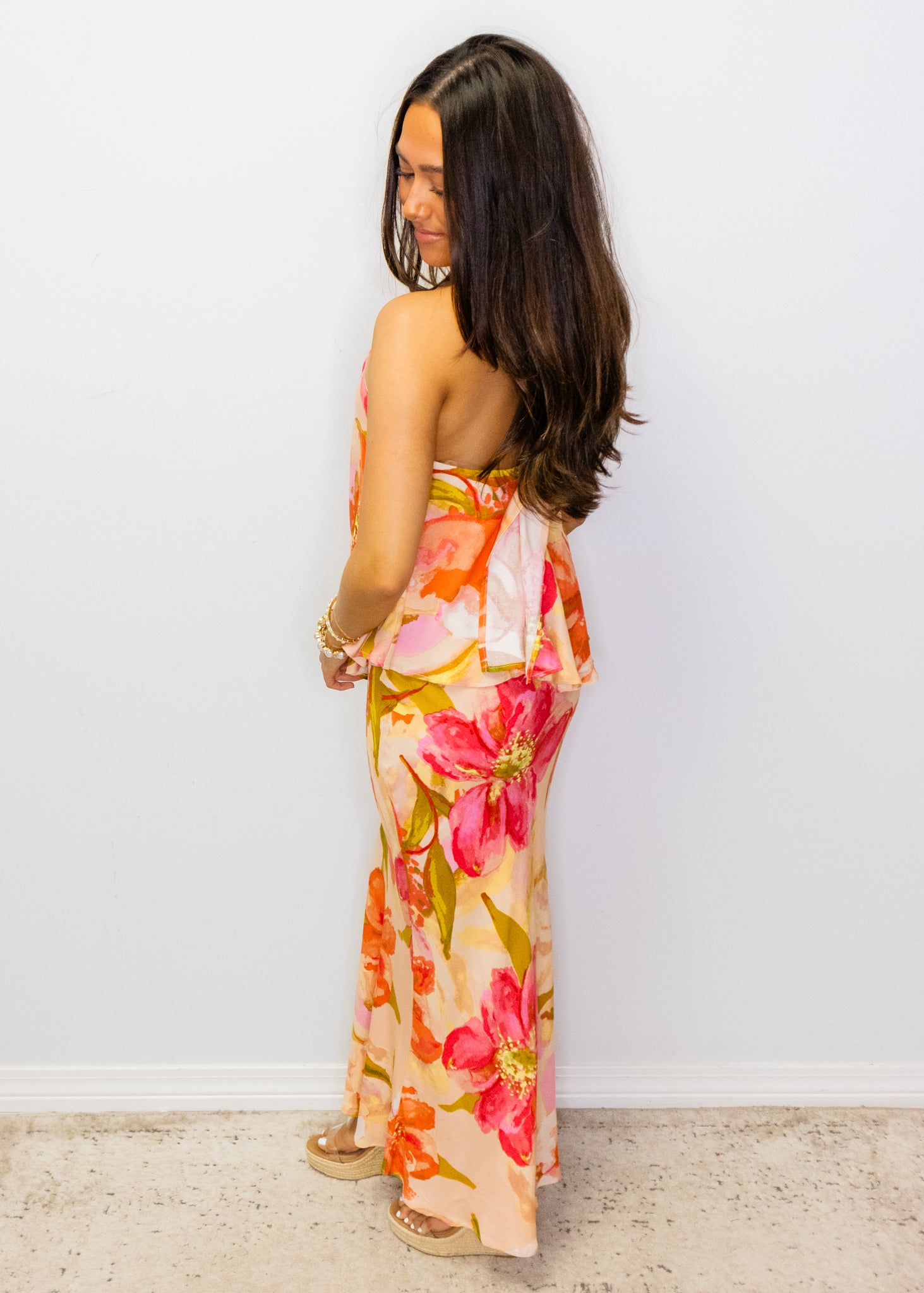Peach Tropical Floral Halter Dress