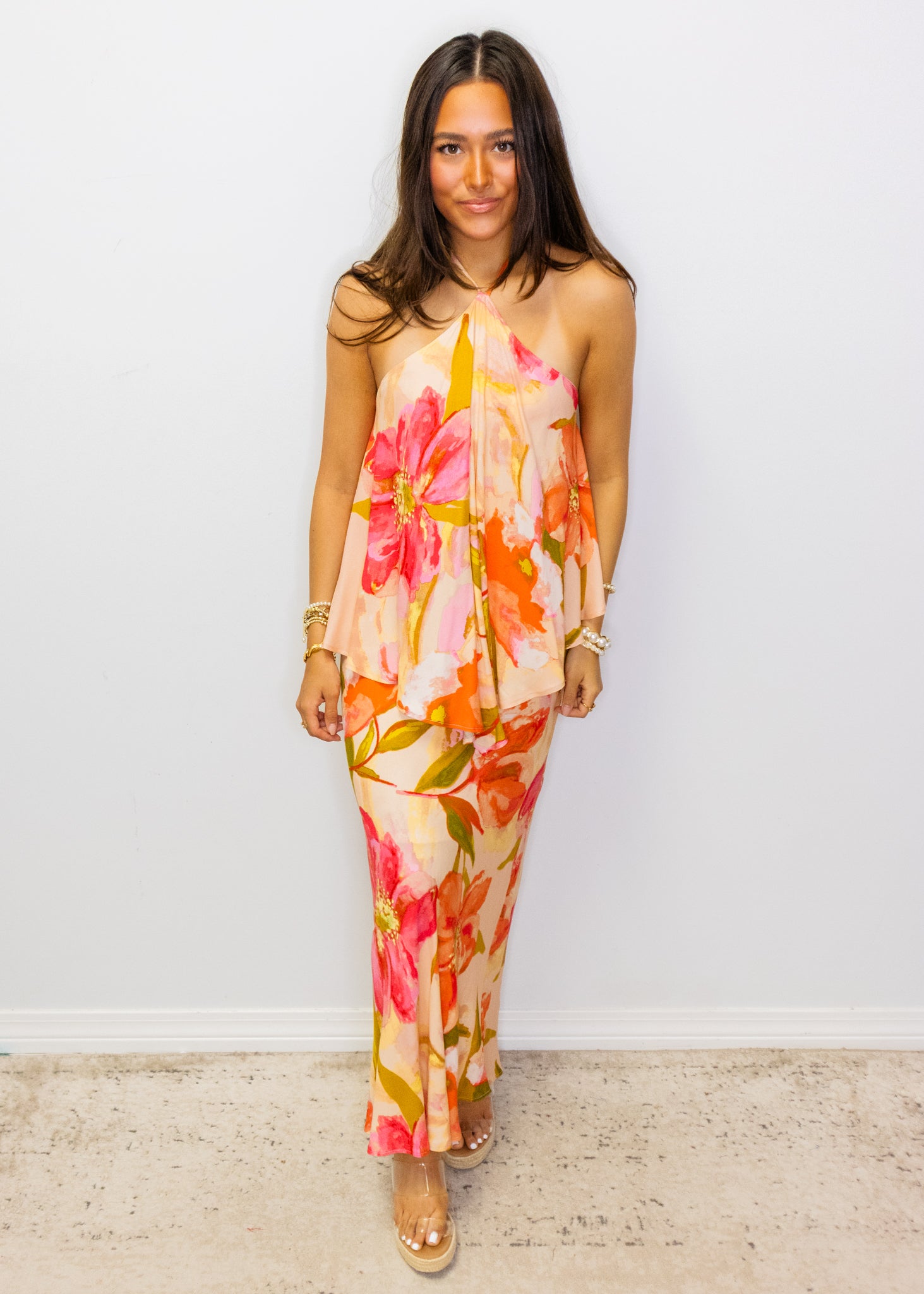 Peach Tropical Floral Halter Dress