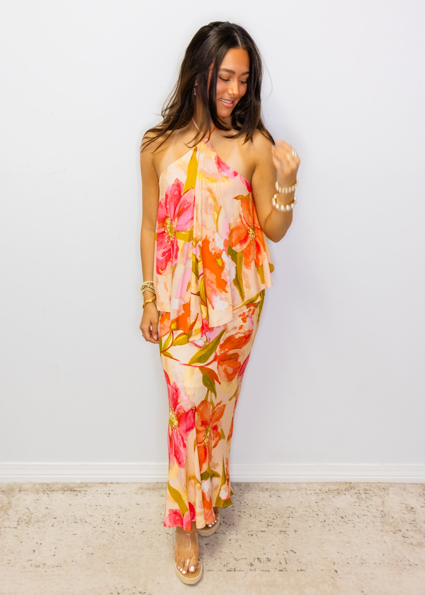 Peach Tropical Floral Halter Dress