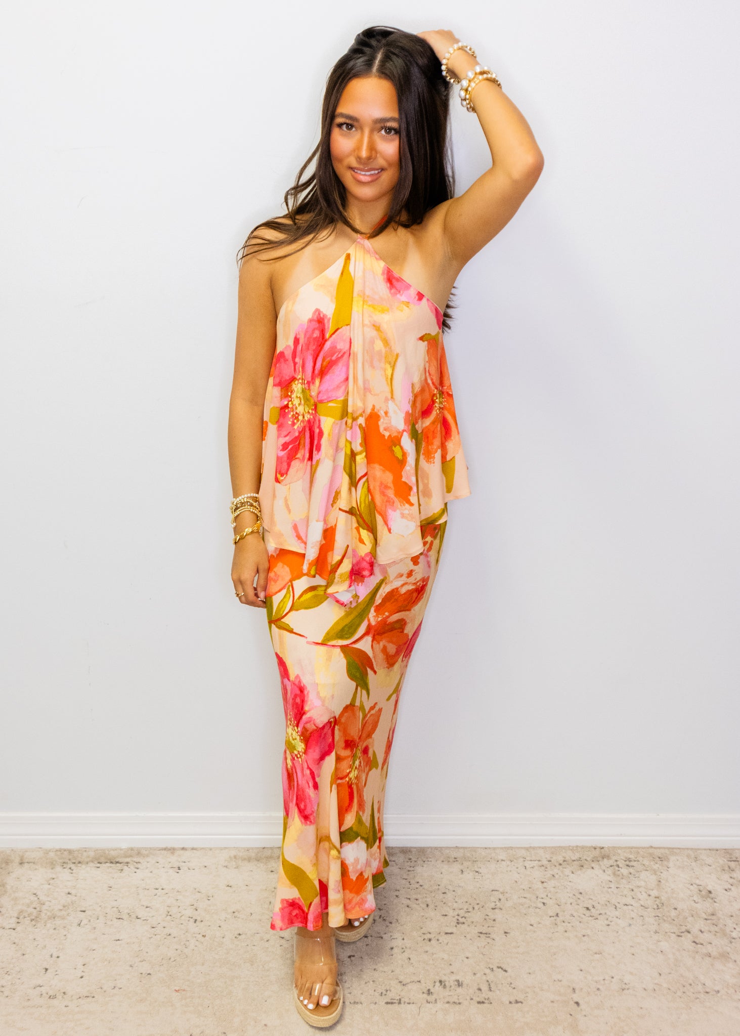 Peach Tropical Floral Halter Dress