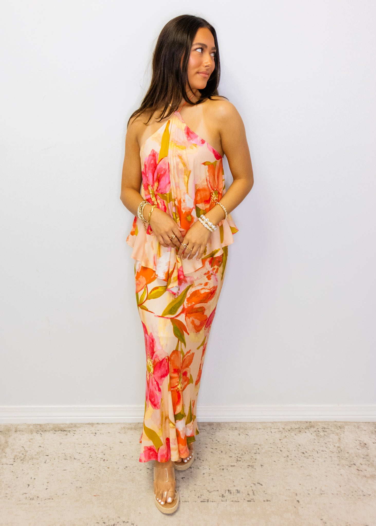 Peach Tropical Floral Halter Dress