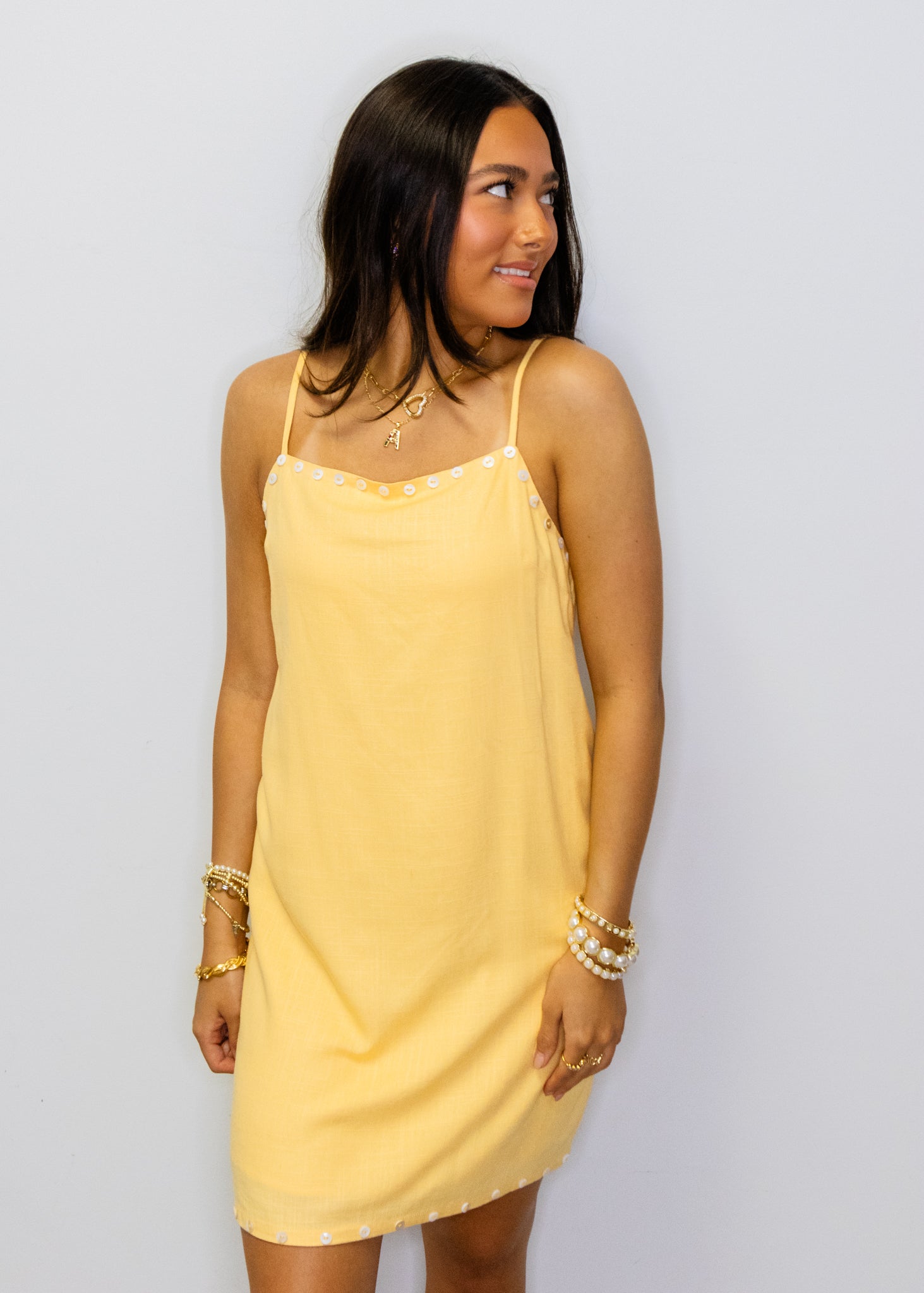 Yellow Linen Button Detail Dress