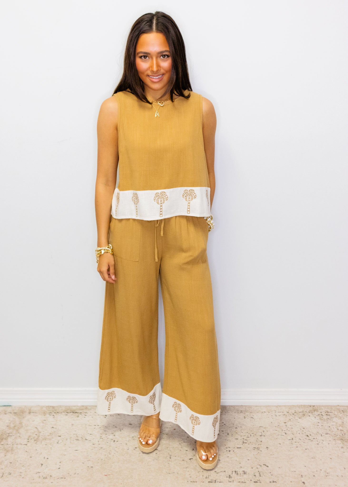 Camel Palm Tree Border Pants Set