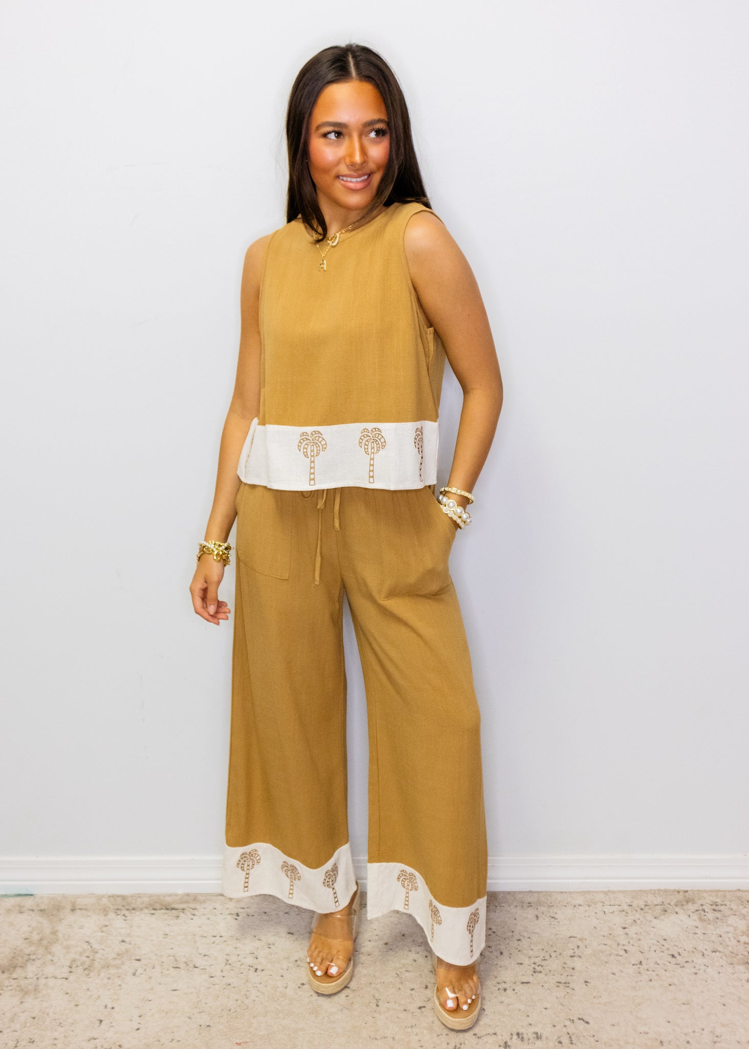 Camel Palm Tree Border Pants Set