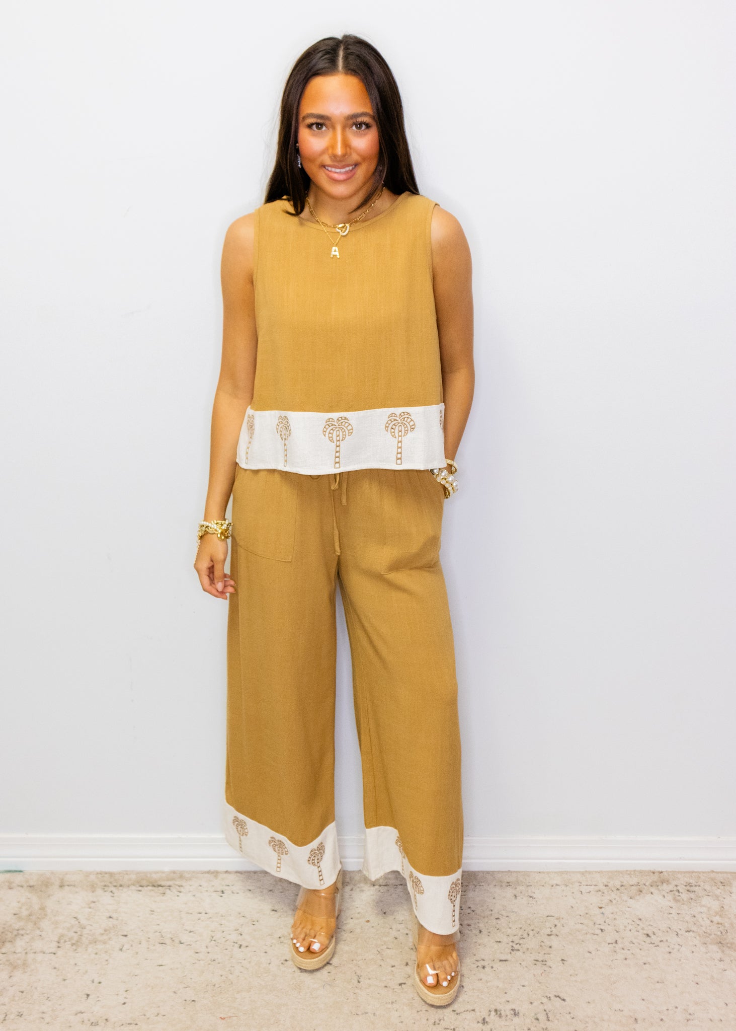 Camel Palm Tree Border Pants Set