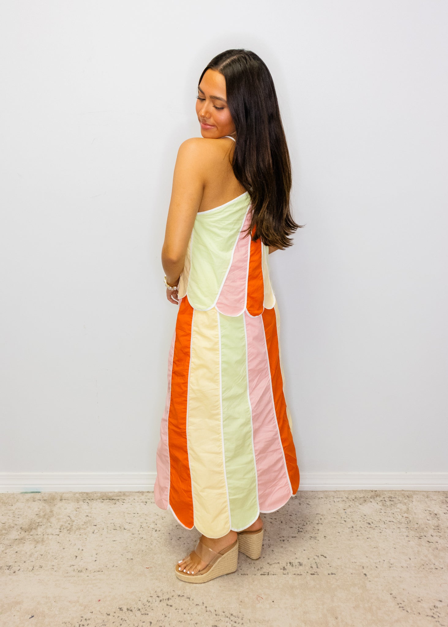 Rainbow Scallop Halter Midi Dress
