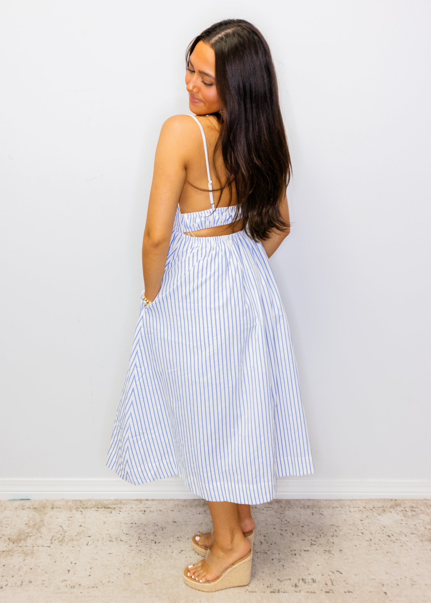 Blue Stripe Cut-Out Midi Dress