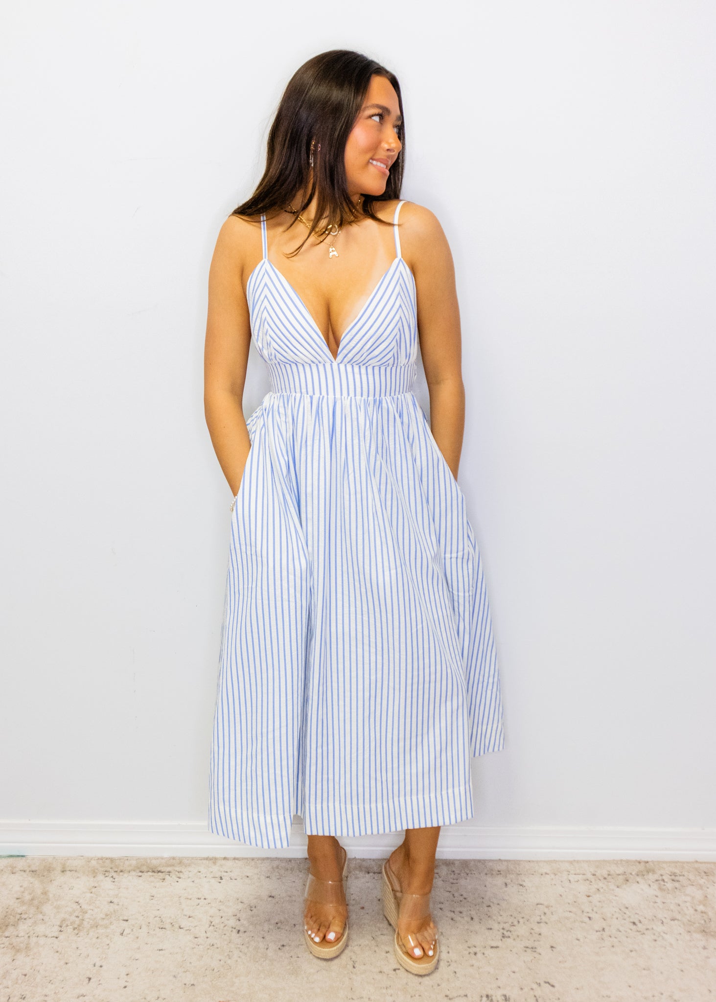 Blue Stripe Cut-Out Midi Dress