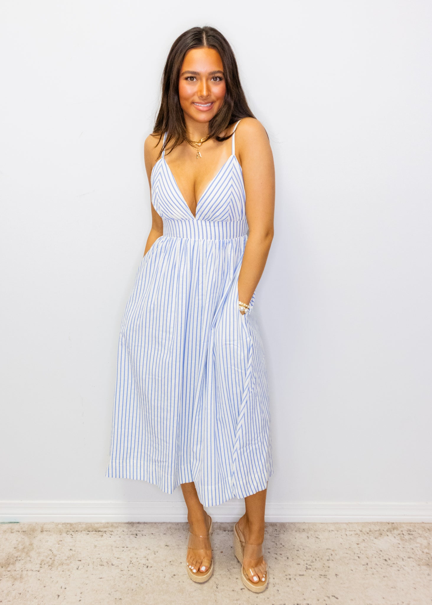 Blue Stripe Cut-Out Midi Dress