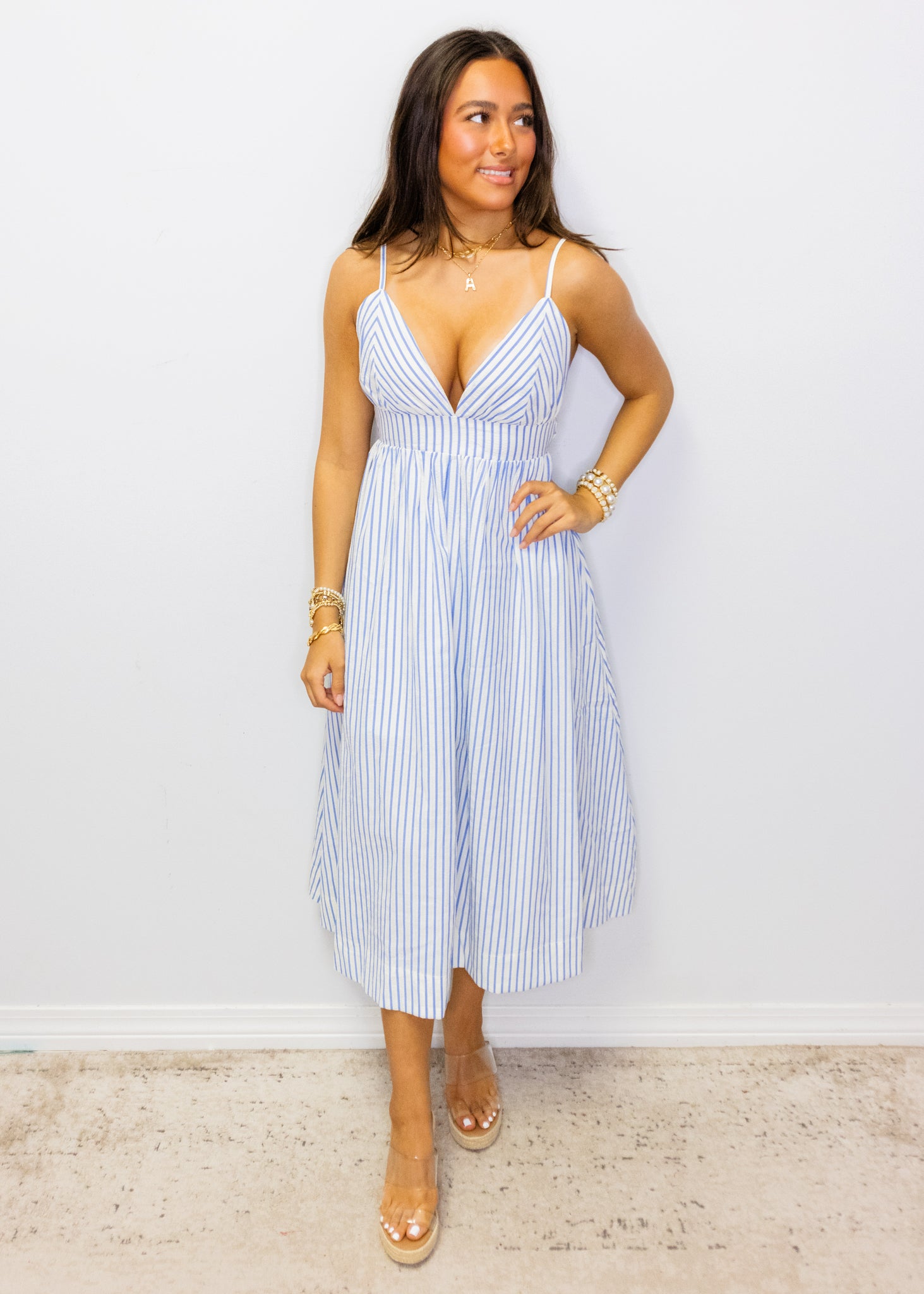 Blue Stripe Cut-Out Midi Dress