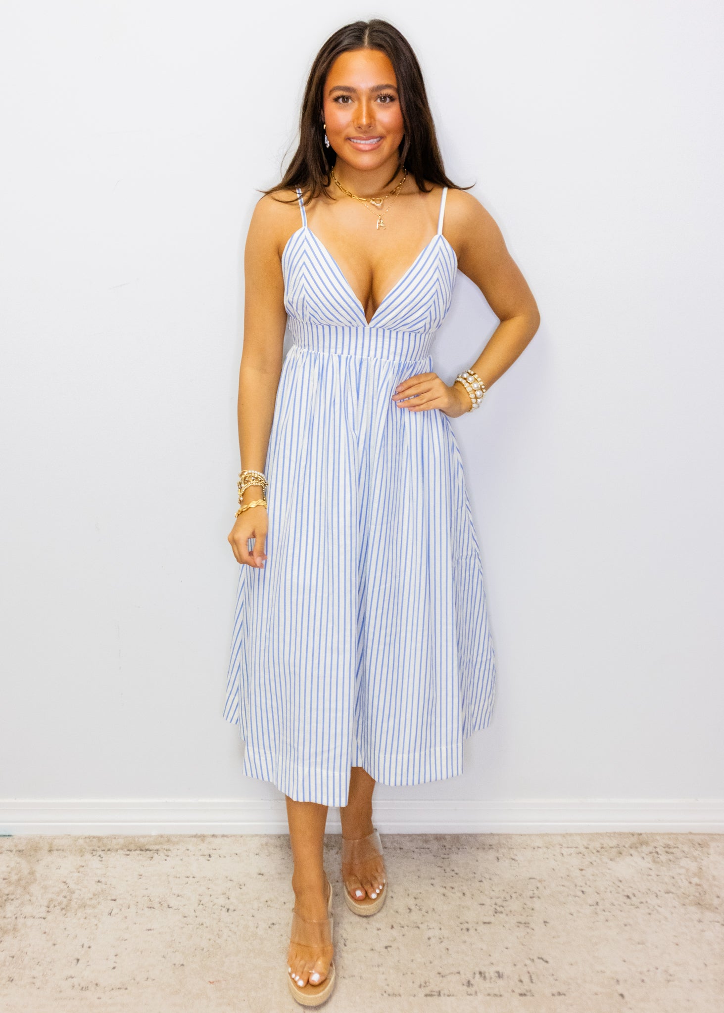 Blue Stripe Cut-Out Midi Dress