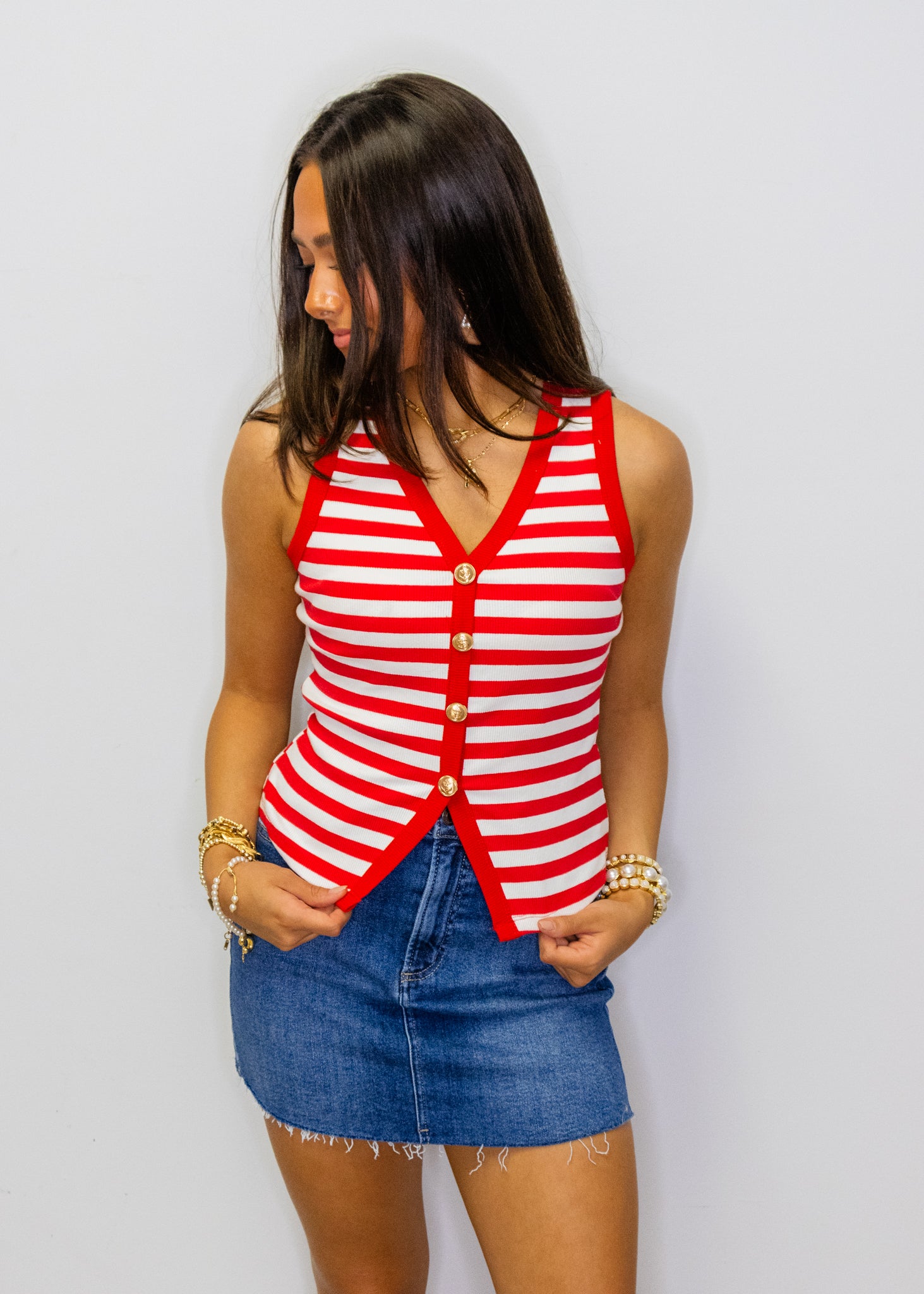 Red Stripe Gold Button Top