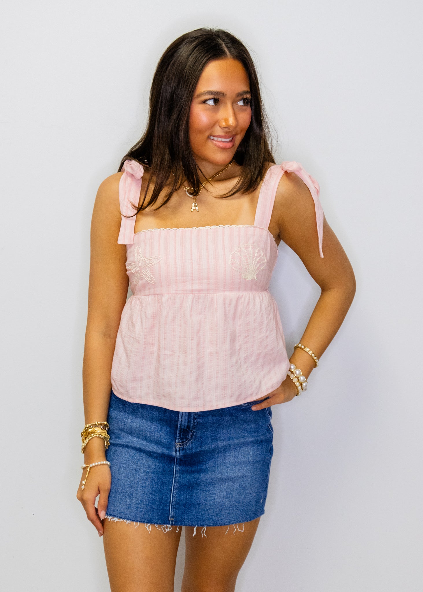 Pink Striped Shoulder Tie Top