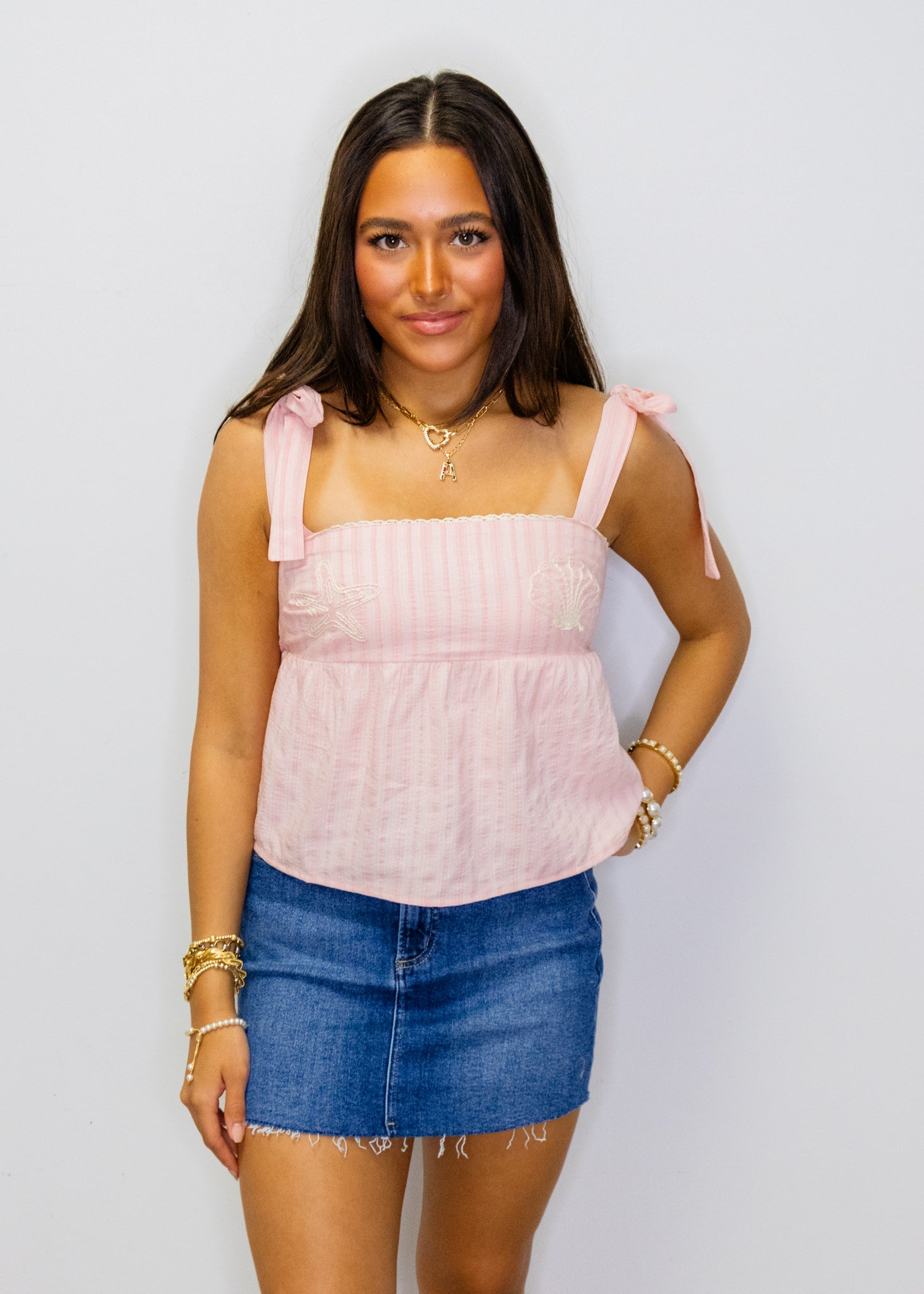 Pink Striped Shoulder Tie Top