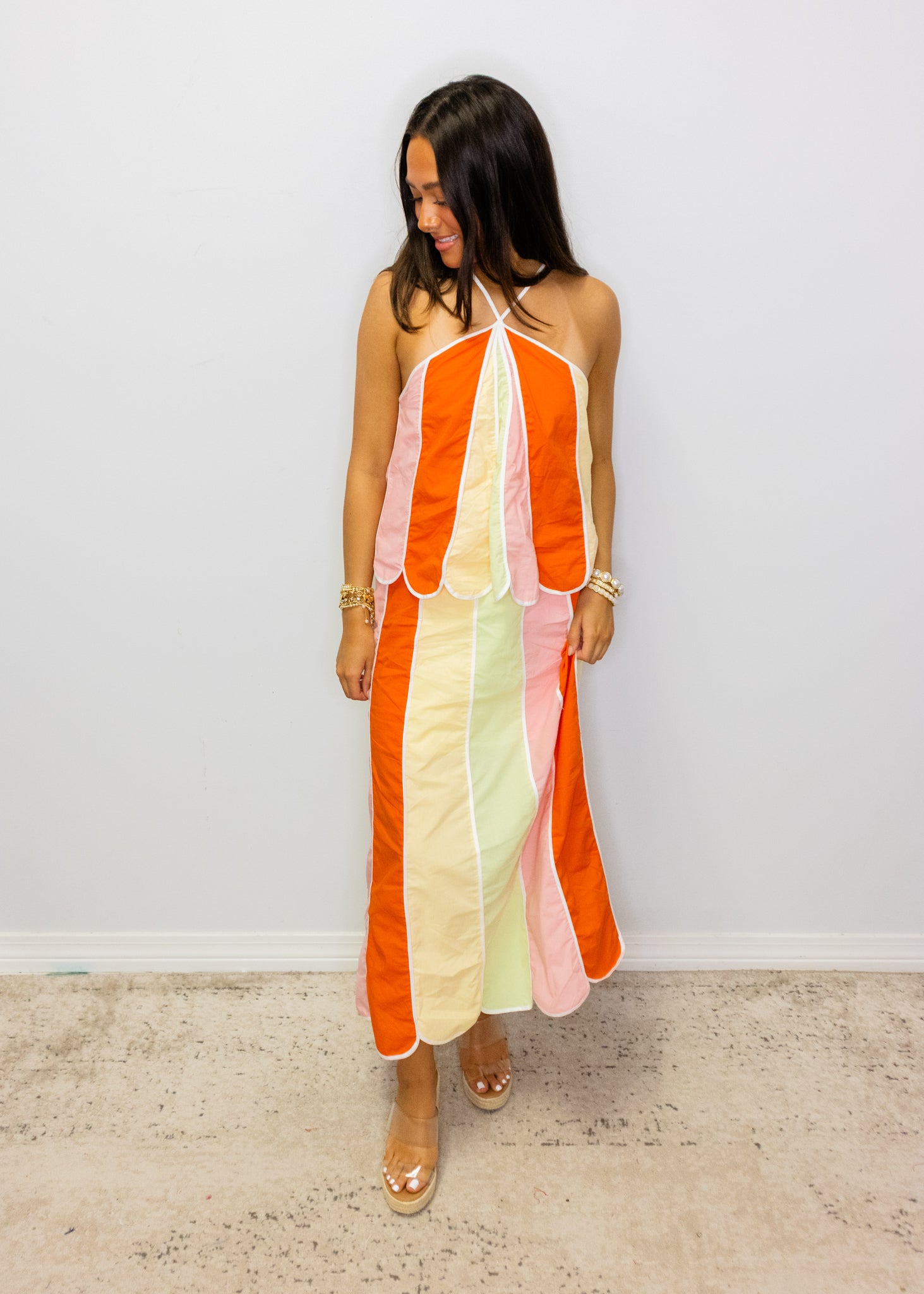 Rainbow Scallop Halter Midi Dress