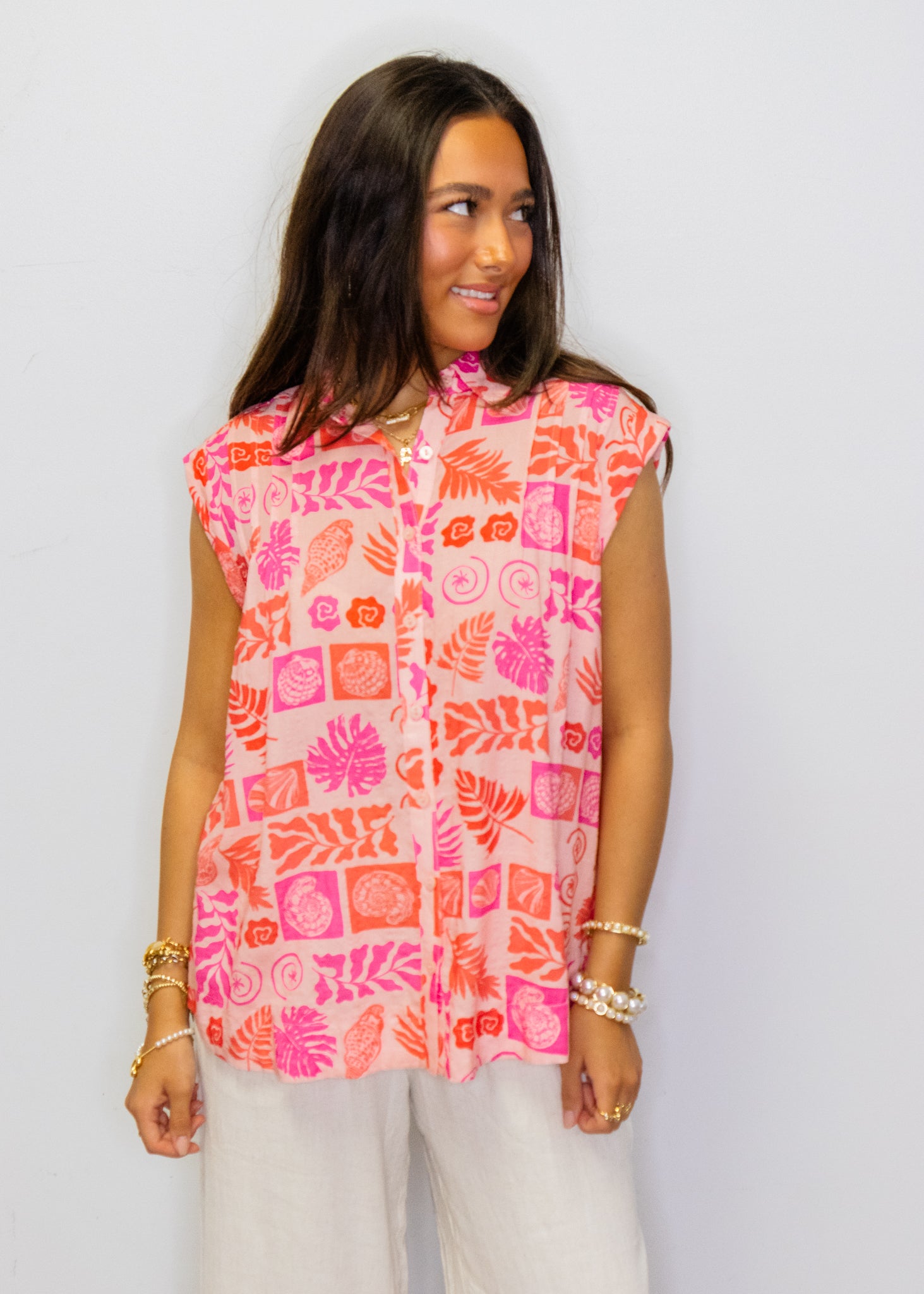 Pink Tropical Button Up Top