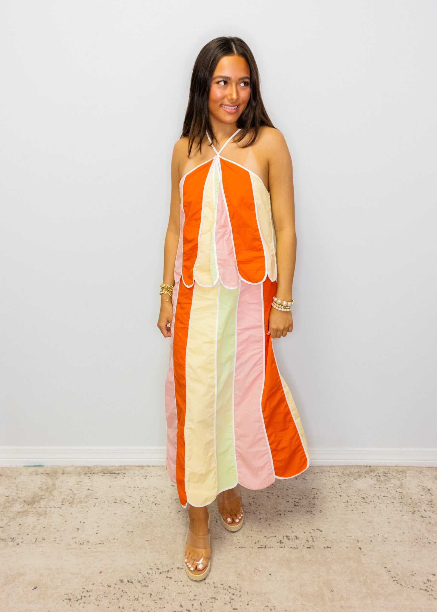 Rainbow Scallop Halter Midi Dress