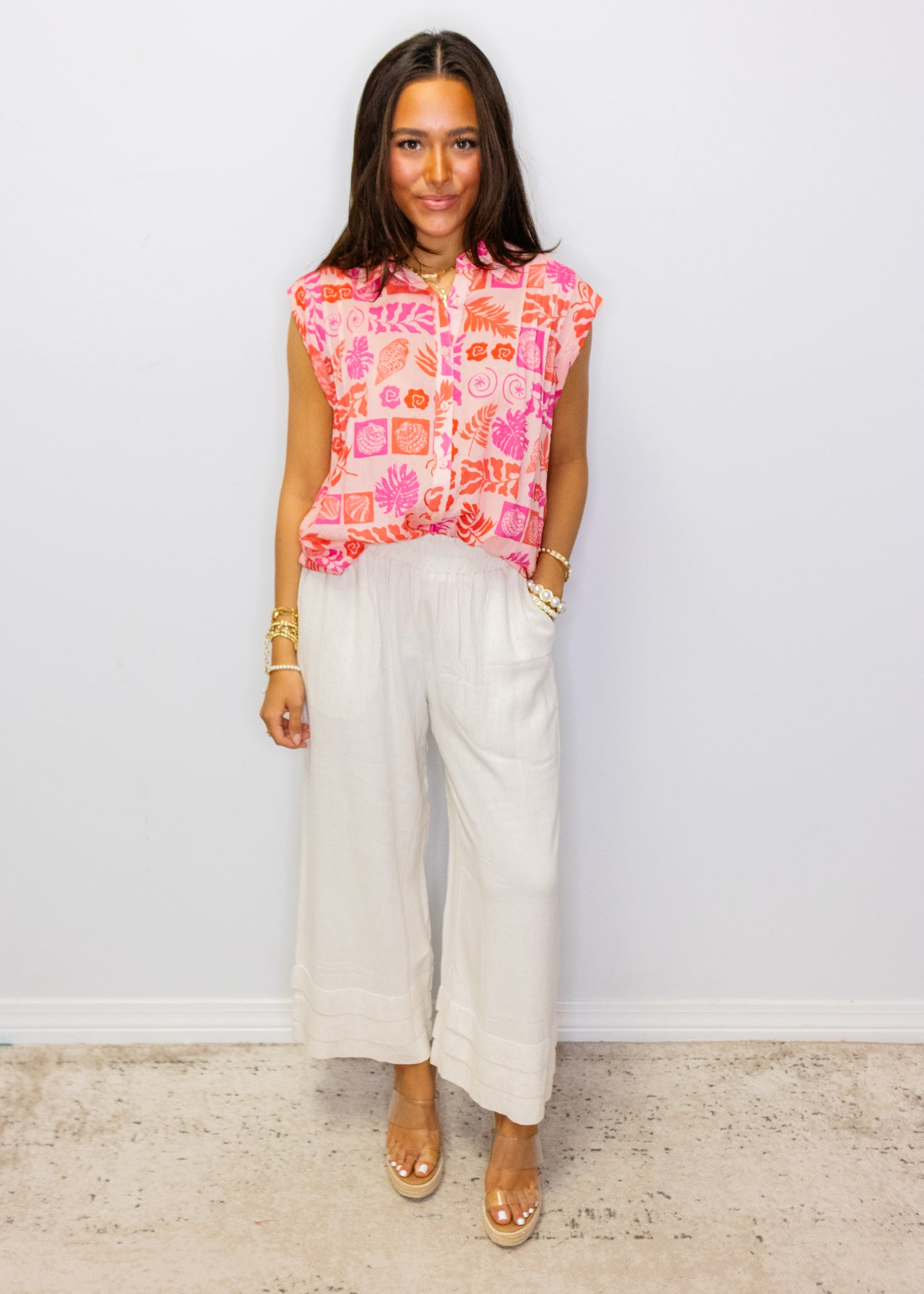 Pink Tropical Button Up Top