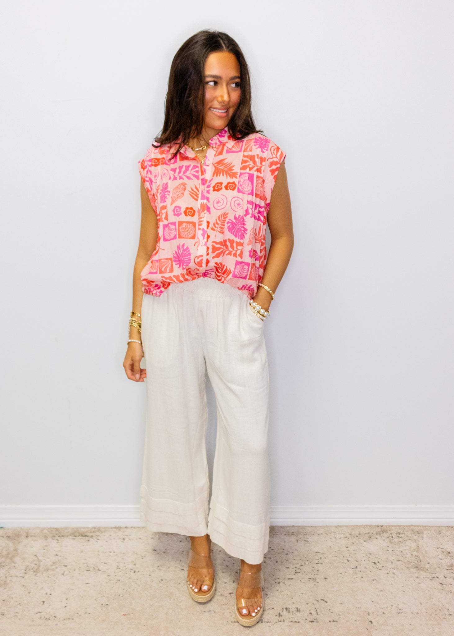Pink Tropical Button Up Top