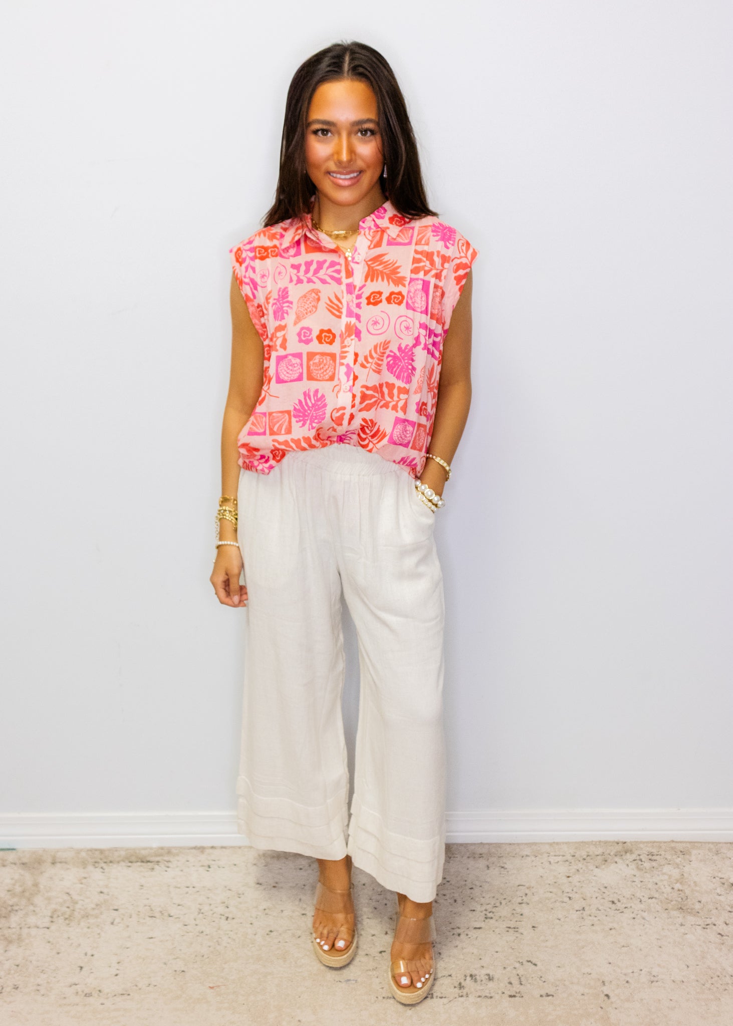 Pink Tropical Button Up Top