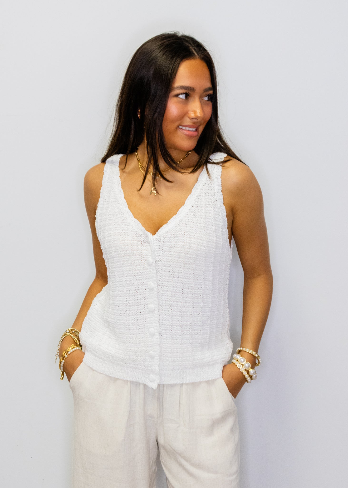 White Knit Button-Up Tank