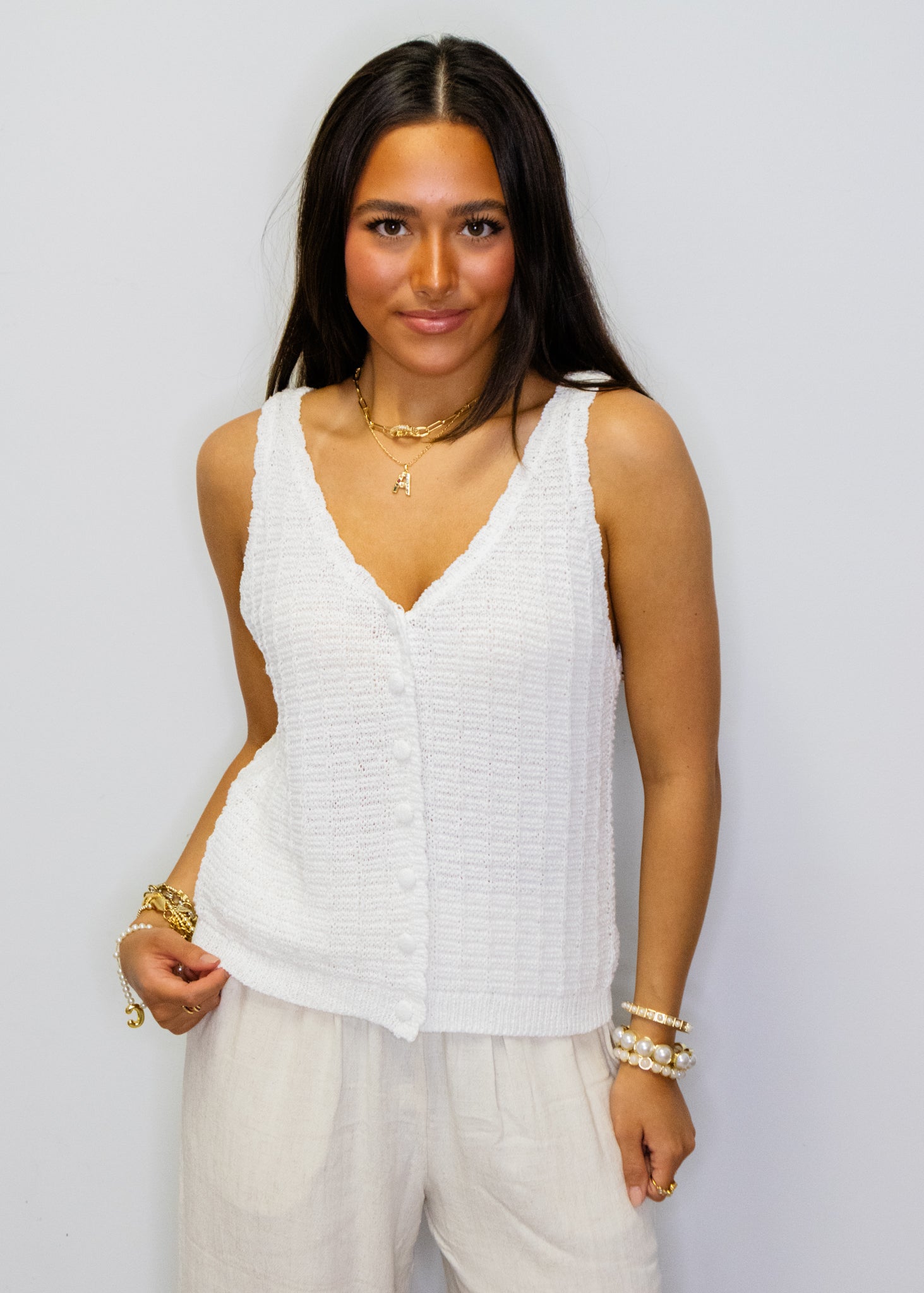 White Knit Button-Up Tank