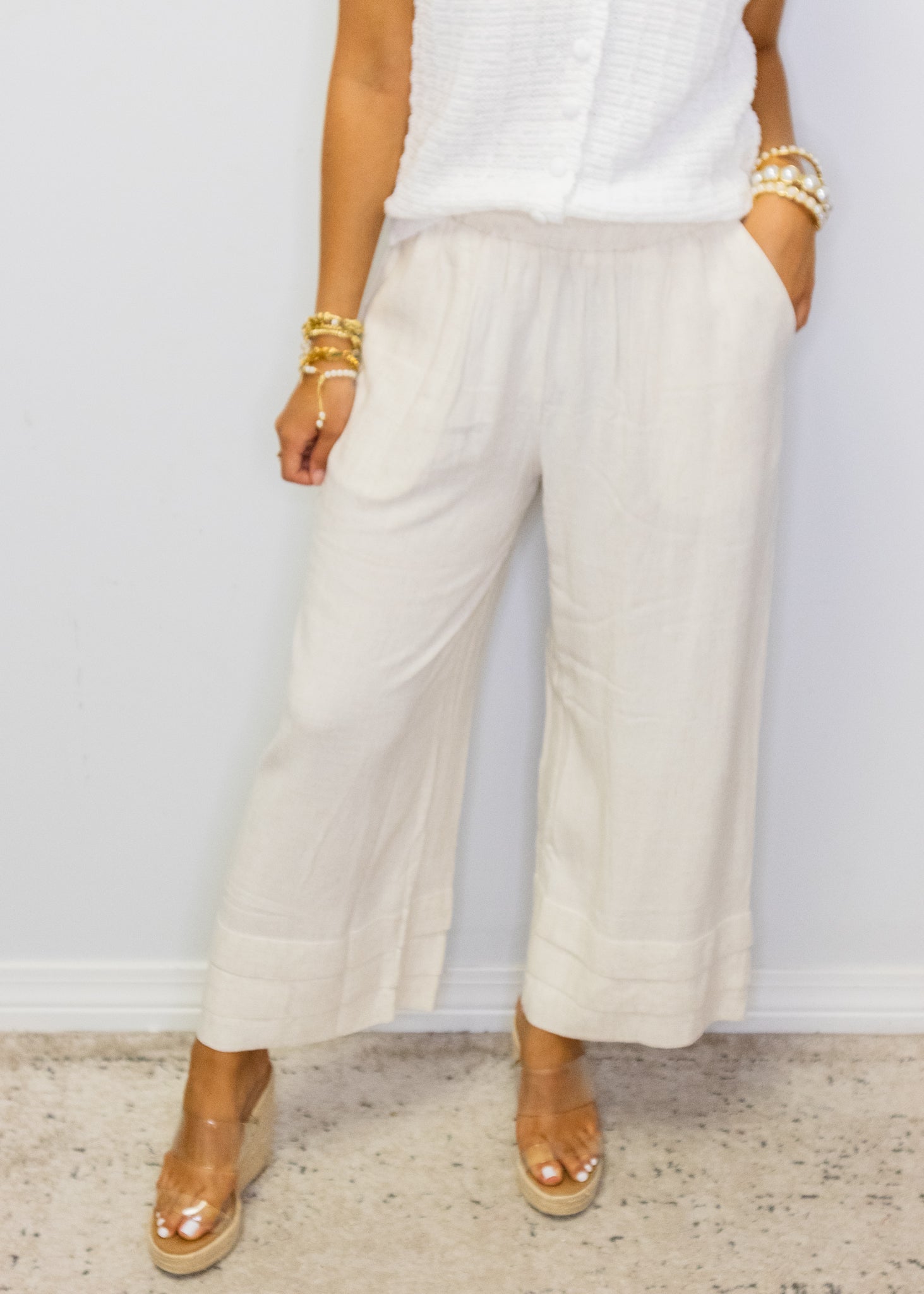 Natural Linen Mix Elastic Waist Pants
