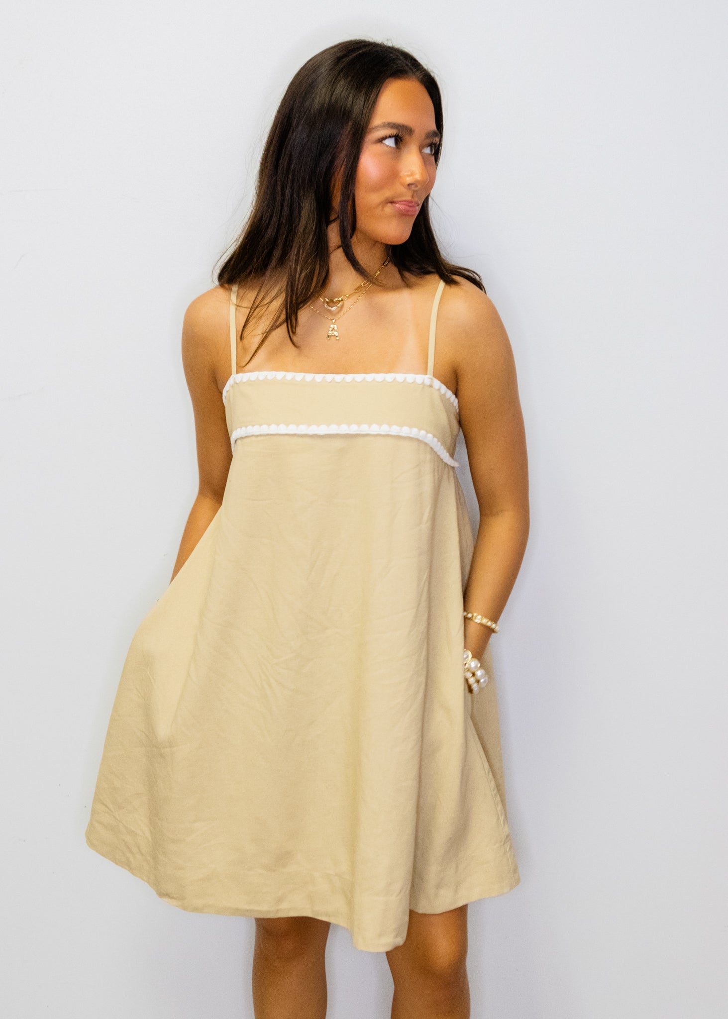 Tan Bow Back Stitch Dress