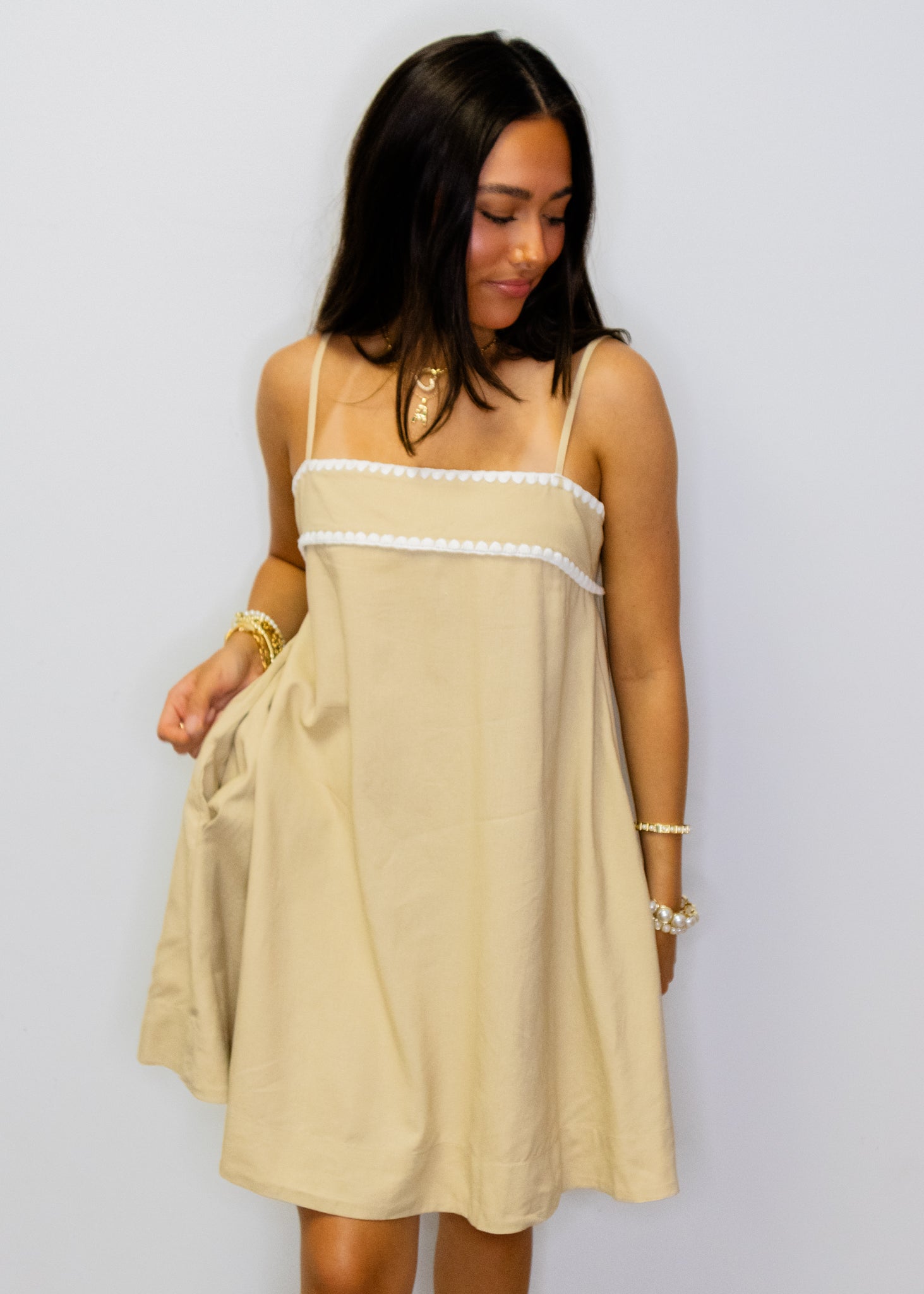 Tan Bow Back Stitch Dress