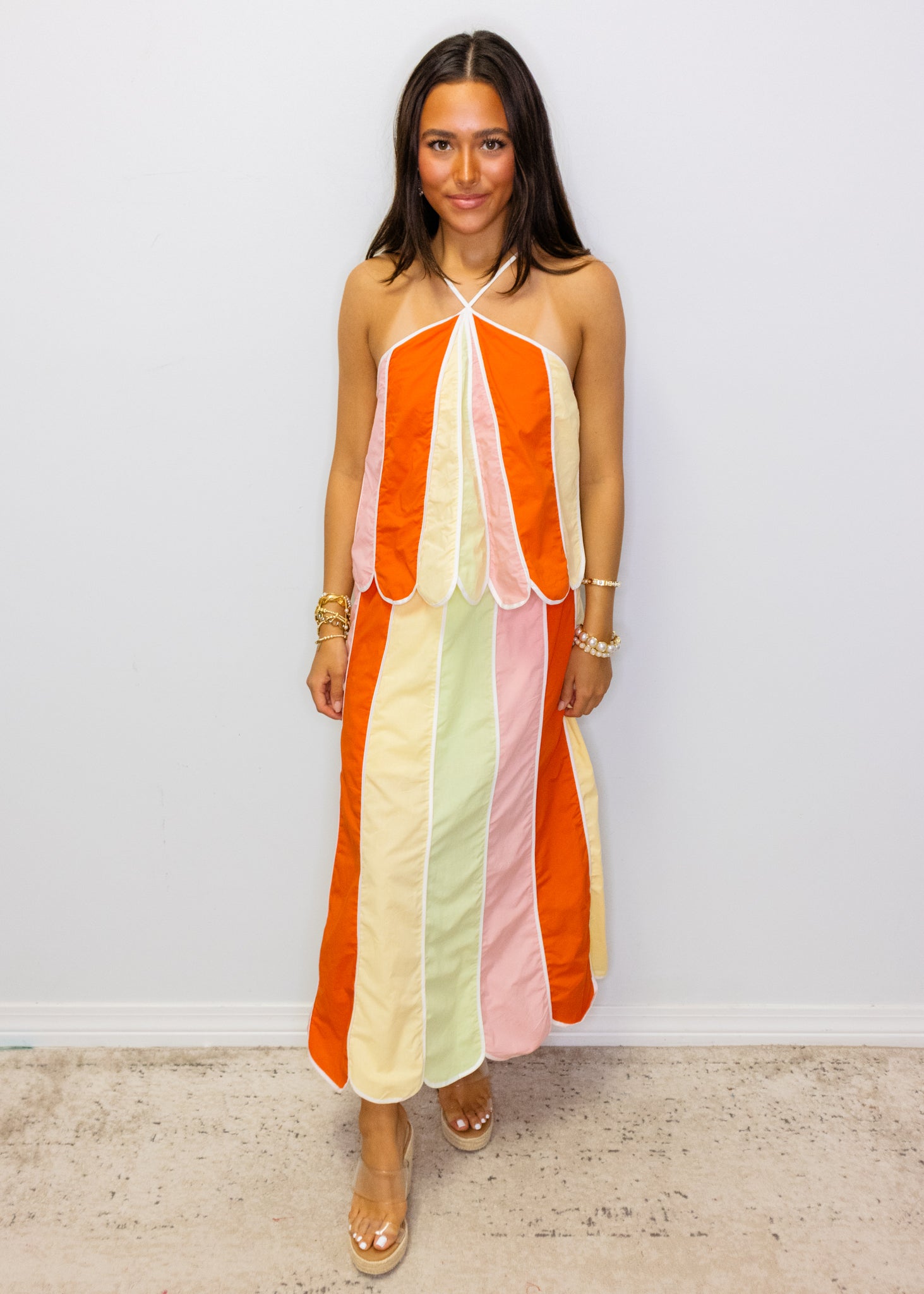 Rainbow Scallop Halter Midi Dress