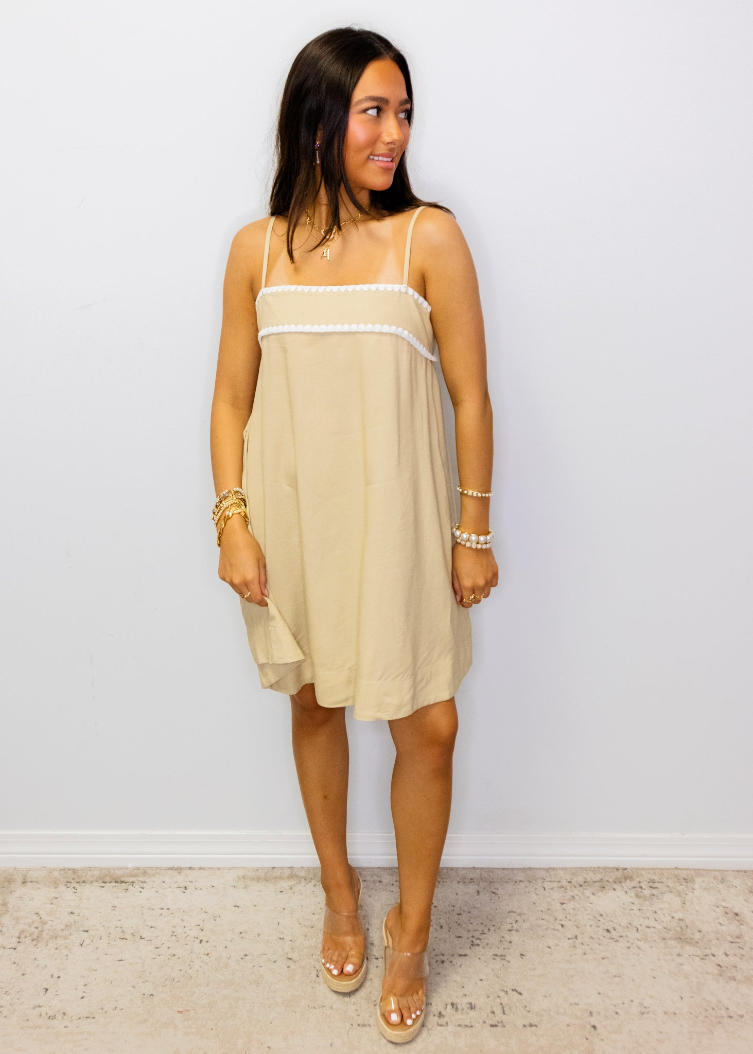 Tan Bow Back Stitch Dress
