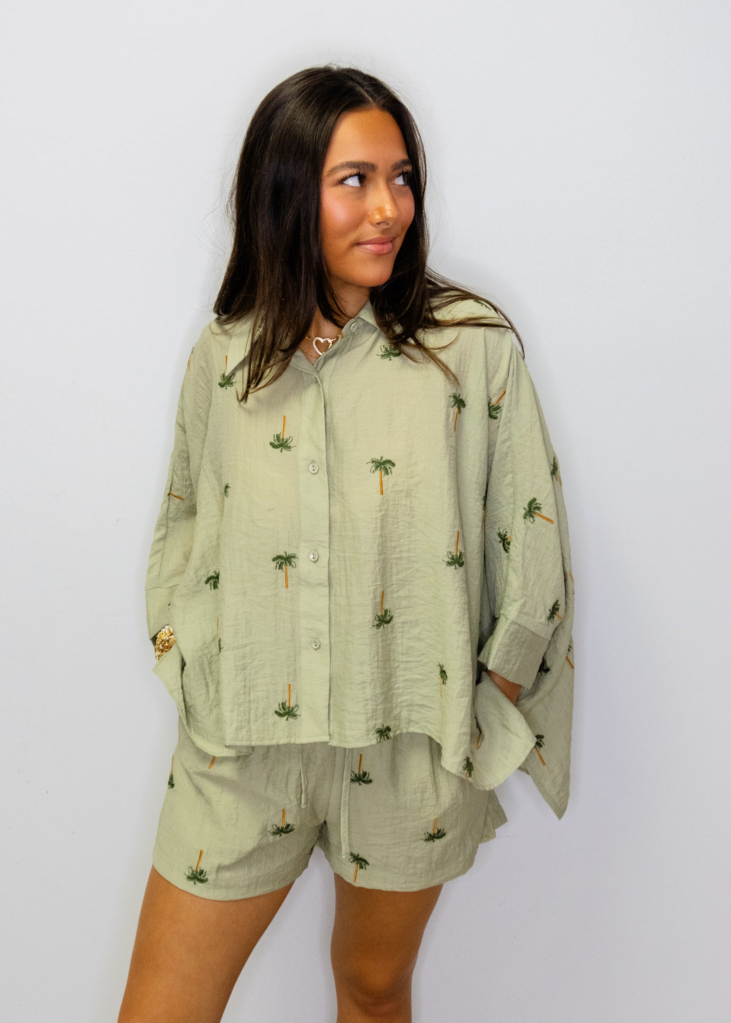 Sage Palm Tree Shorts Set