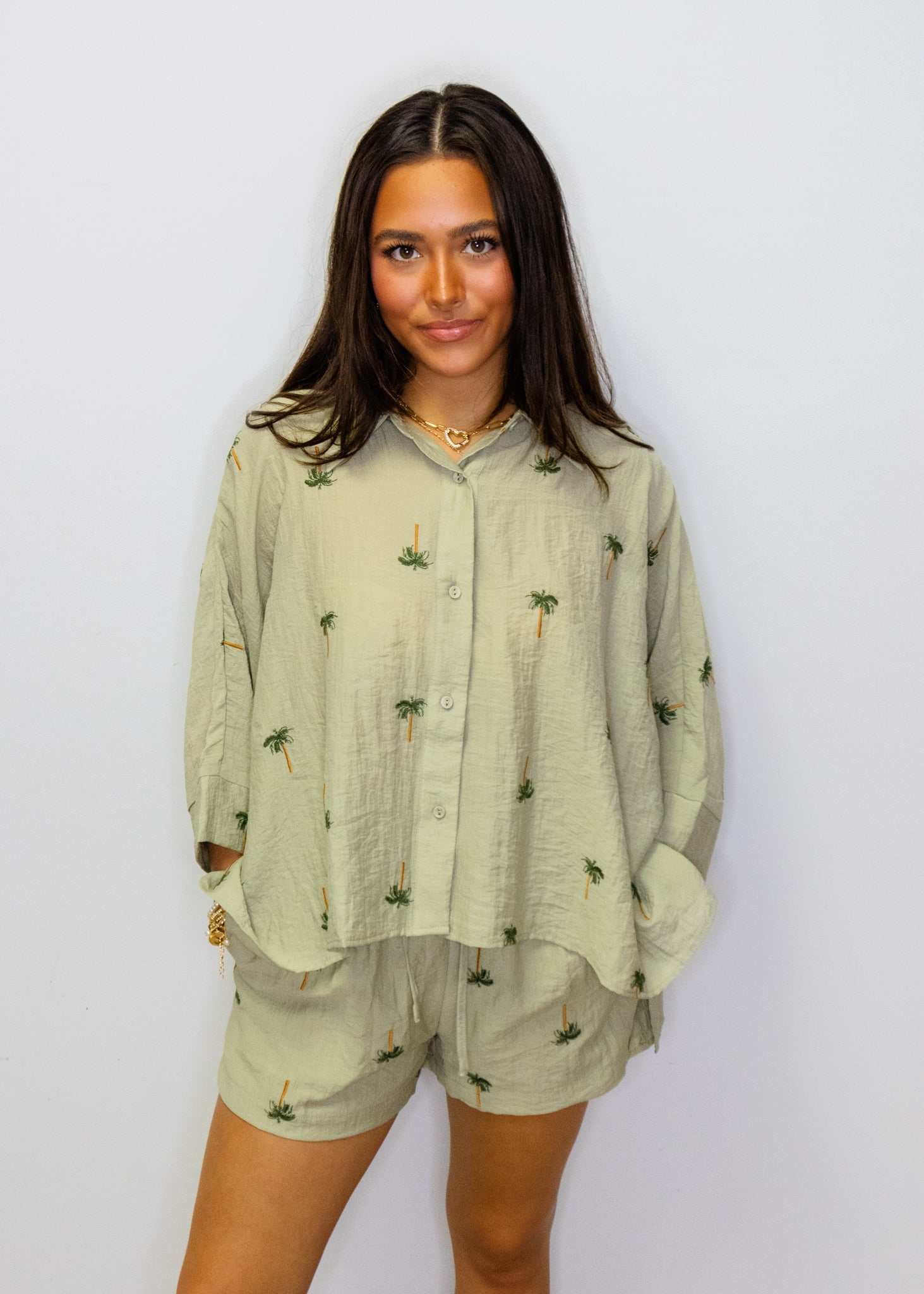 Sage Palm Tree Shorts Set