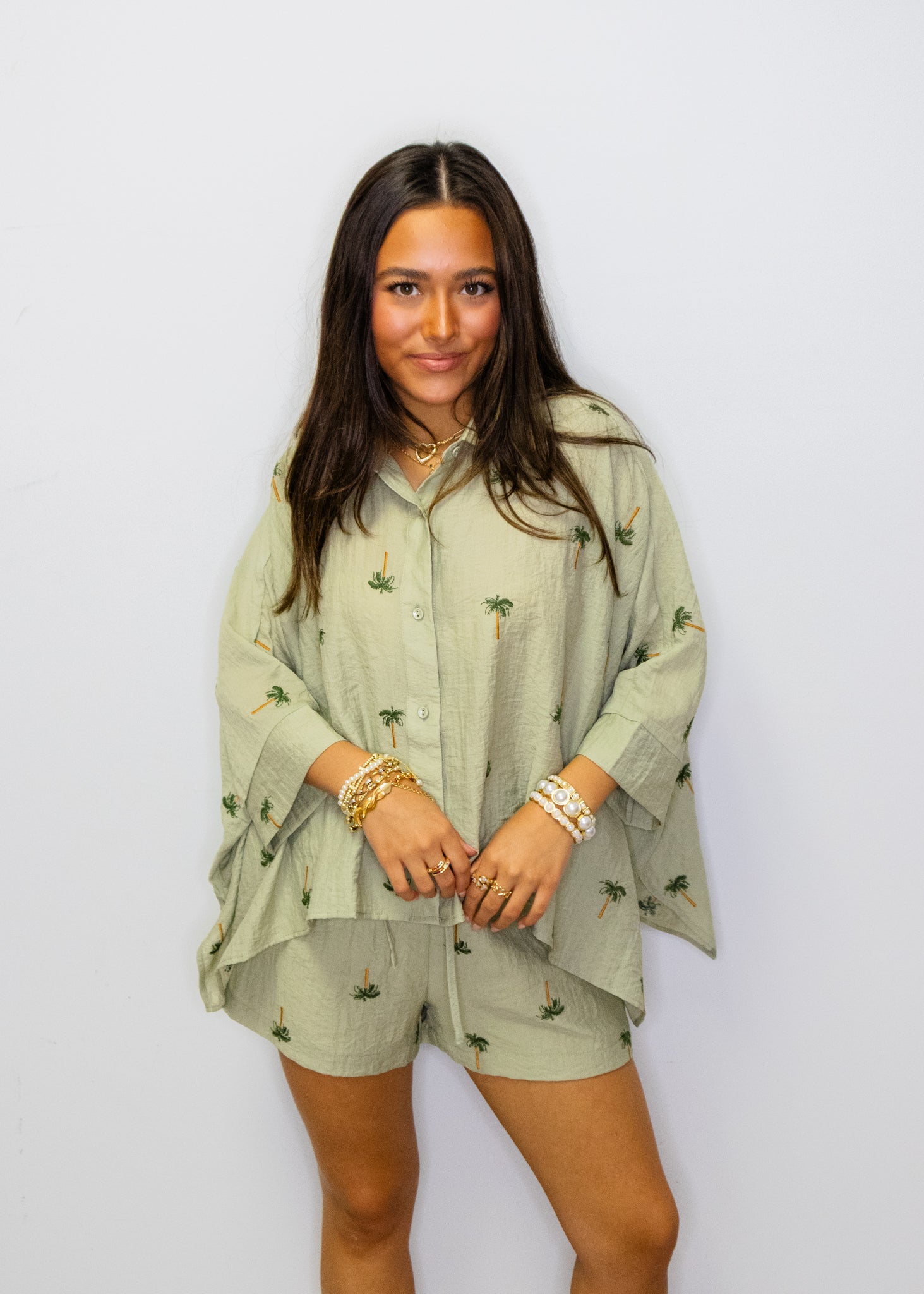 Sage Palm Tree Shorts Set