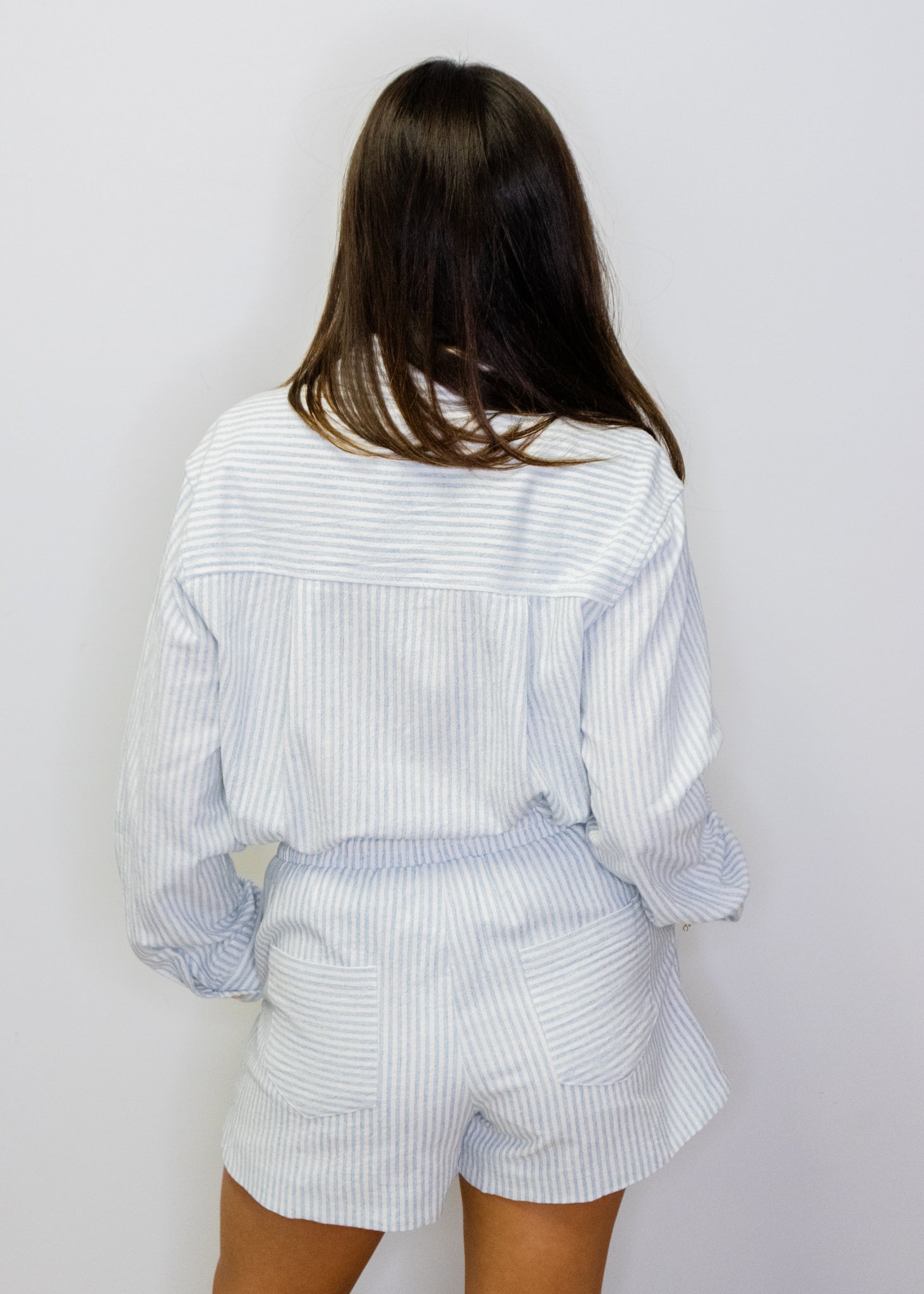 Blue Striped Linen Drawstring Shorts