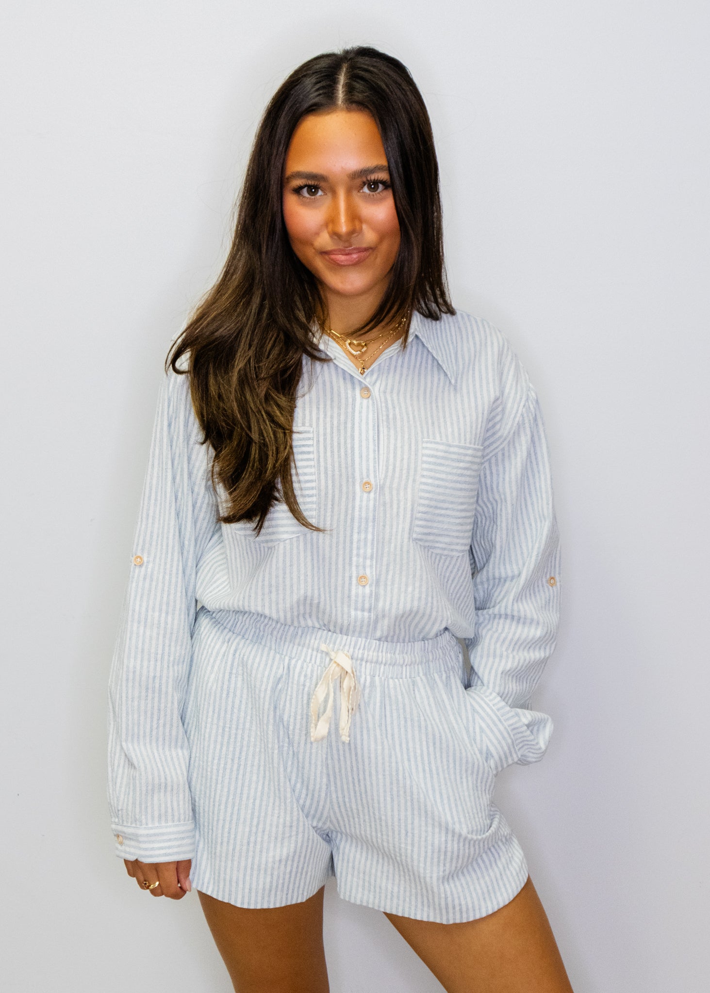 Blue Striped Linen Drawstring Shorts