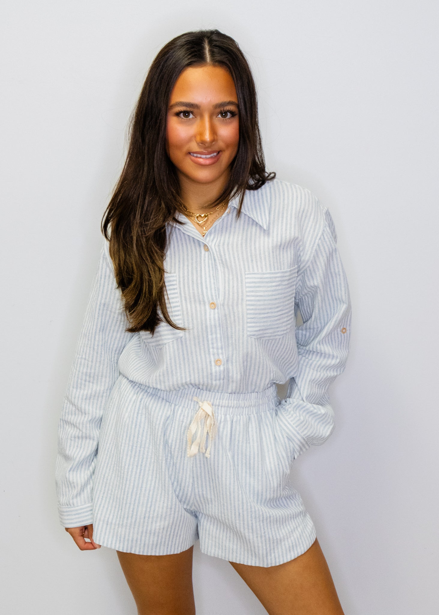 Blue Striped Linen Drawstring Shorts