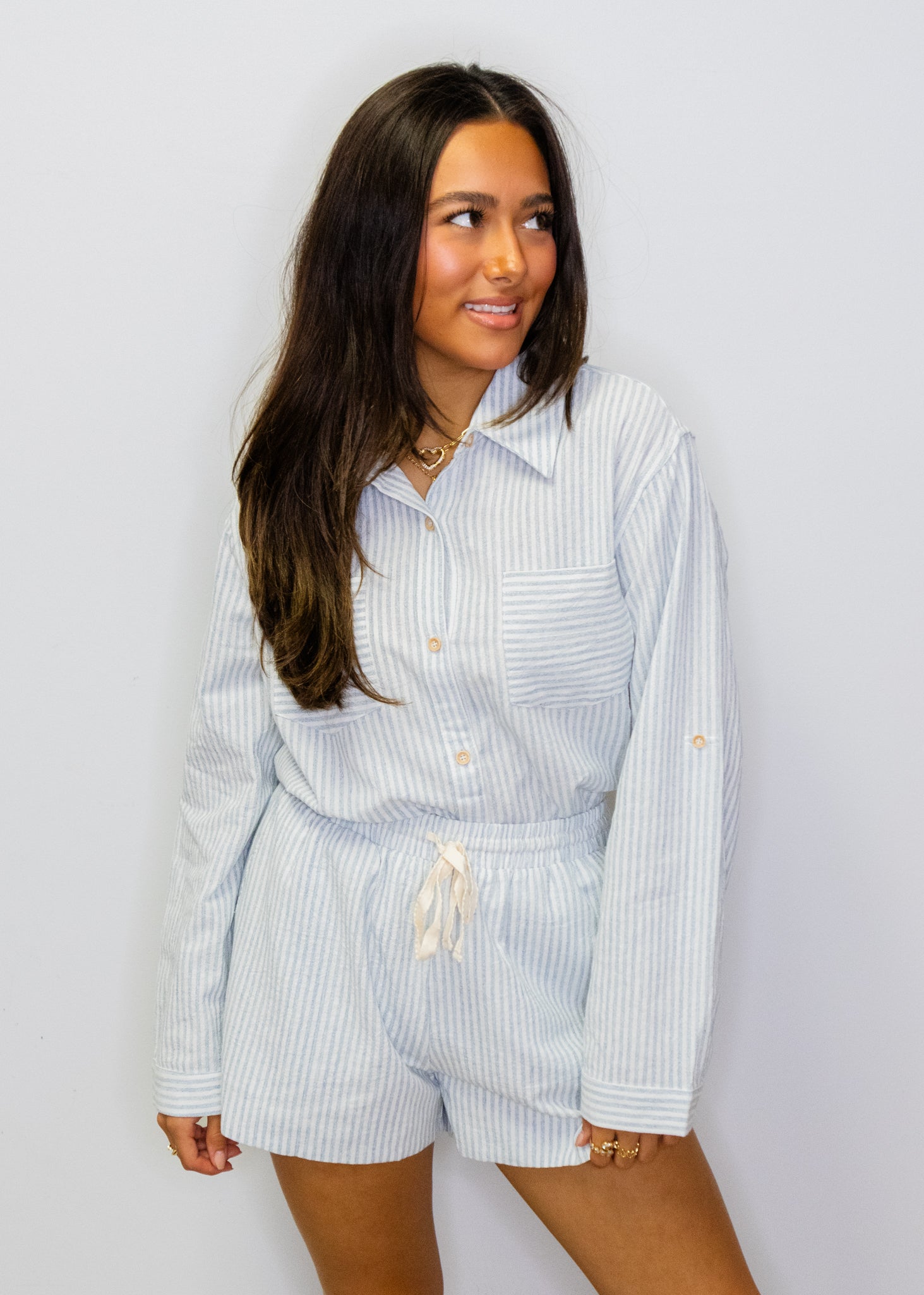 Blue Striped Linen Drawstring Shorts