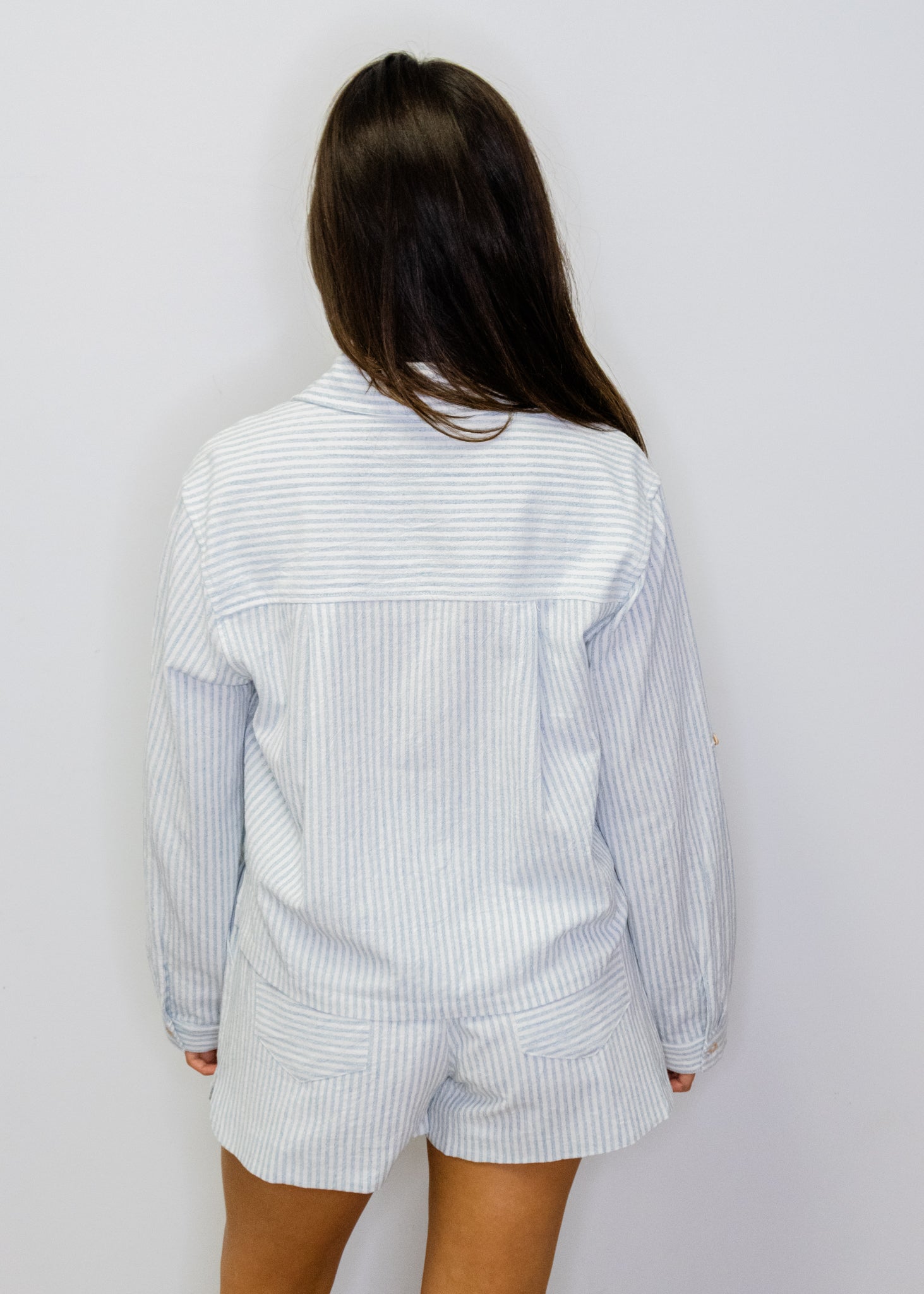 Blue Stripe Cropped Long Sleeve Linen Top