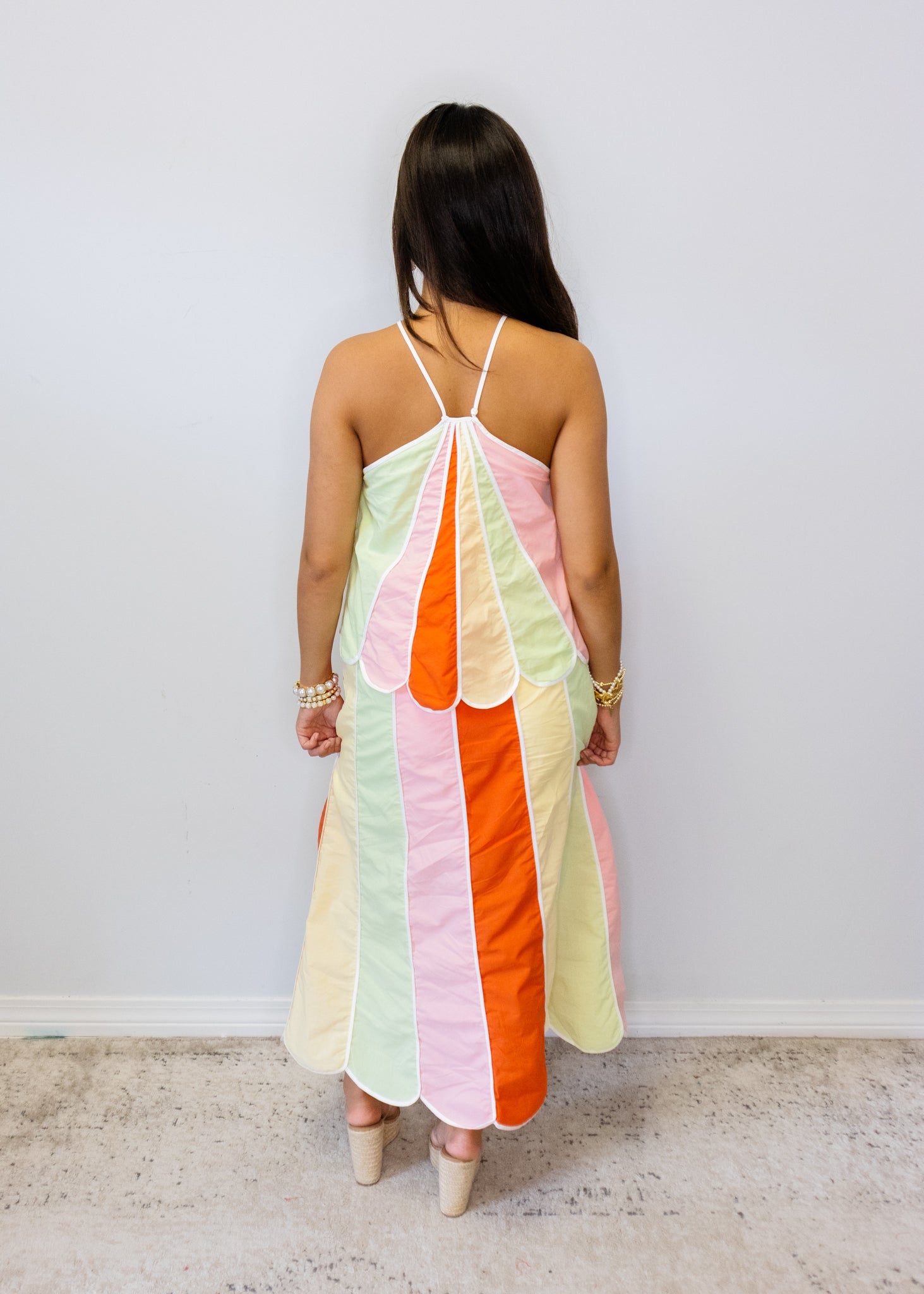 Rainbow Scallop Halter Midi Dress