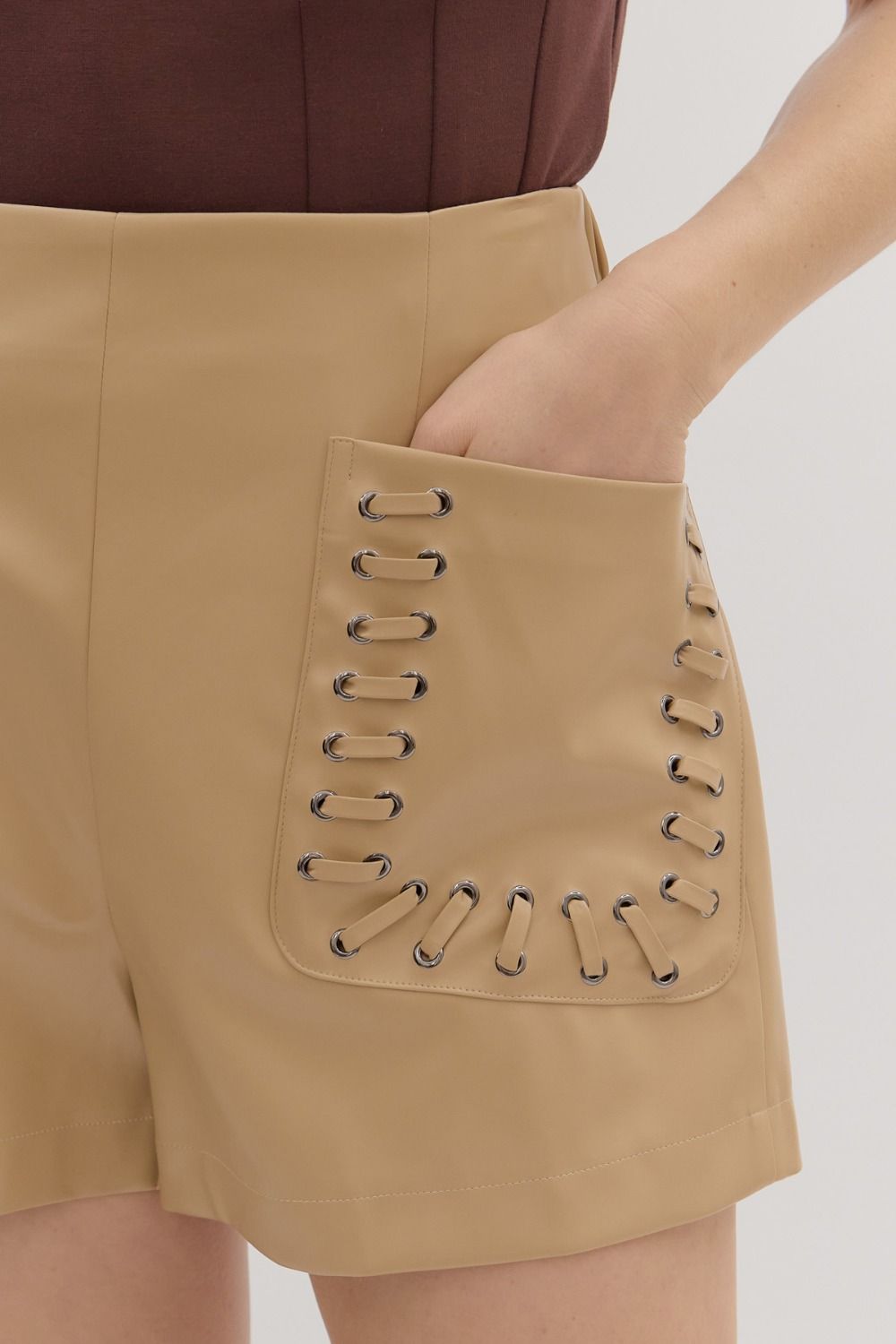 Tan Leather Lace Up Shorts